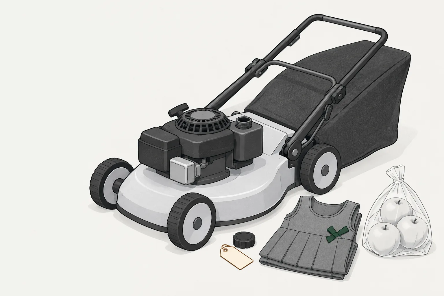 Illustration for return policy aldi: mower with open fuel tank, folded school pinafore and bagged apples.