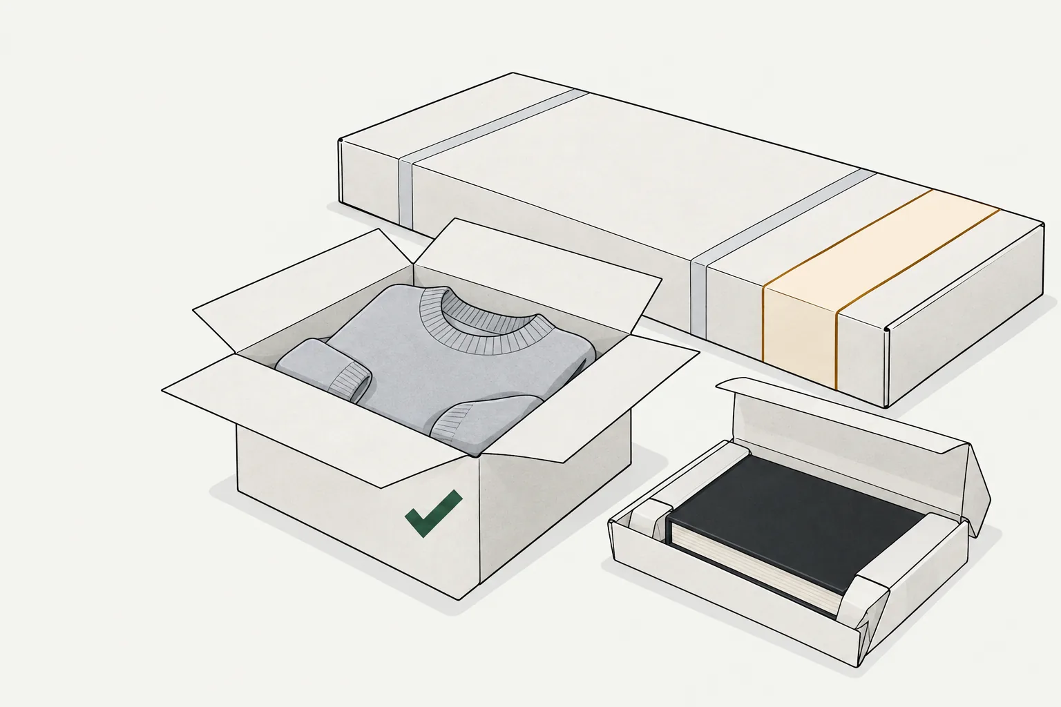 Illustration for return policy in amazon: separate jumper and book parcels beside a flat-pack carton with an amber band.