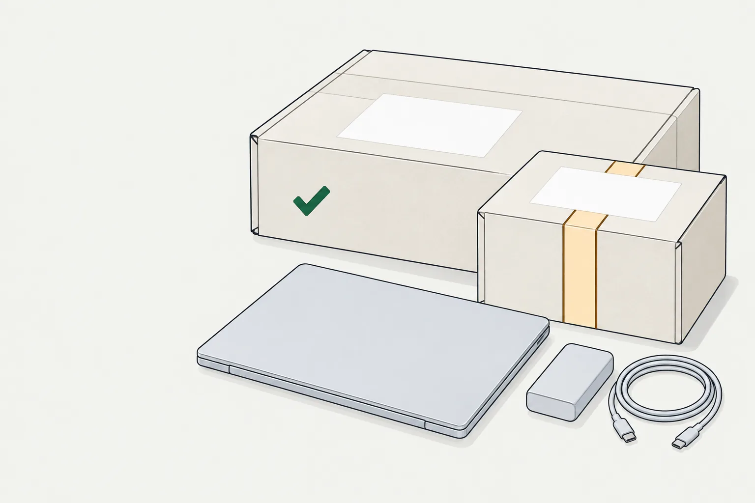 Illustration for the apple return policy: two separately labelled boxes, a closed laptop, charger and coiled cable.