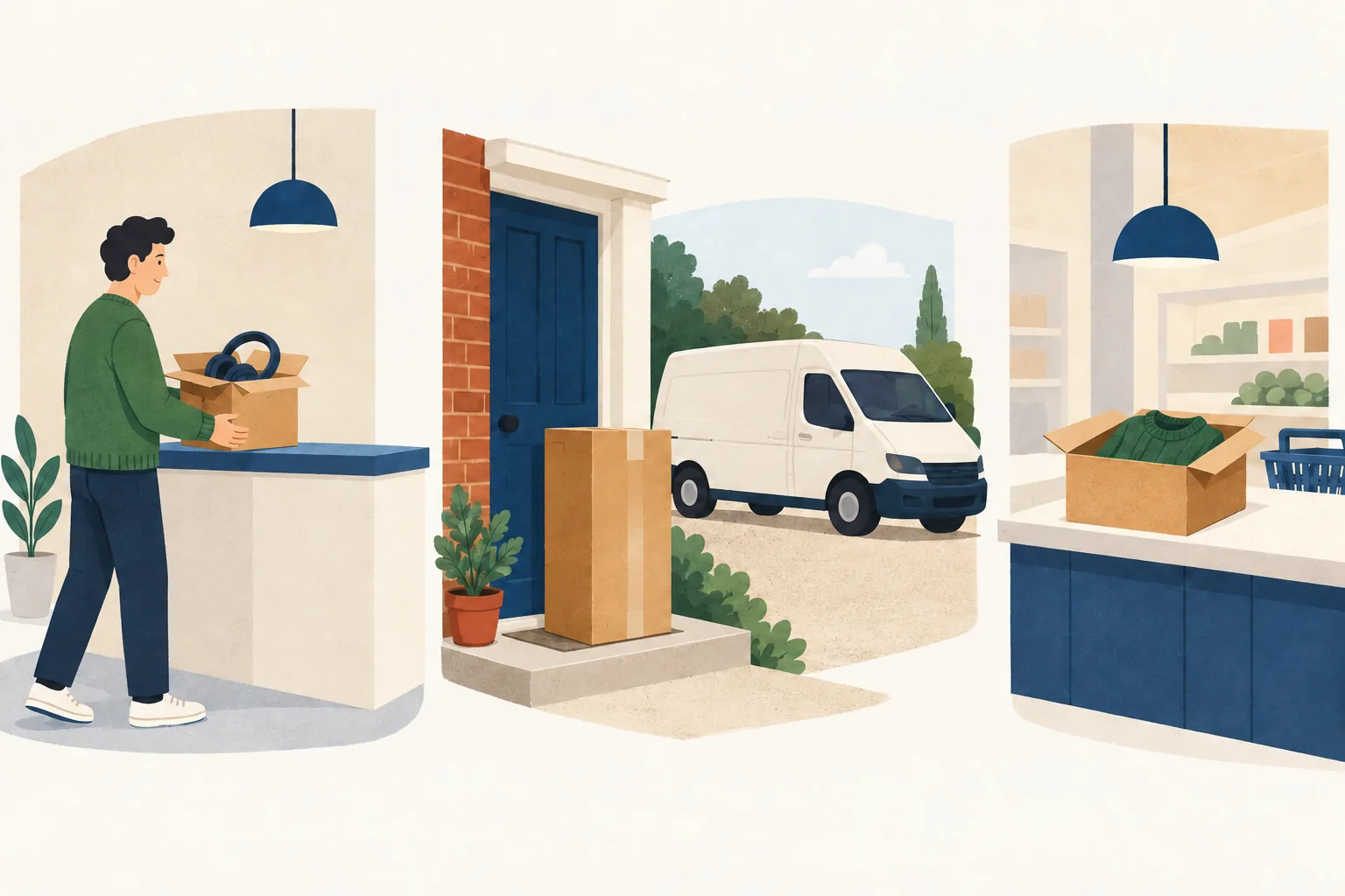 Illustration for the Argos return policy guide: a shopper carrying boxed headphones to a counter, a tall carton on a doorstep beside a van, and a jumper in an open box at a shop counter