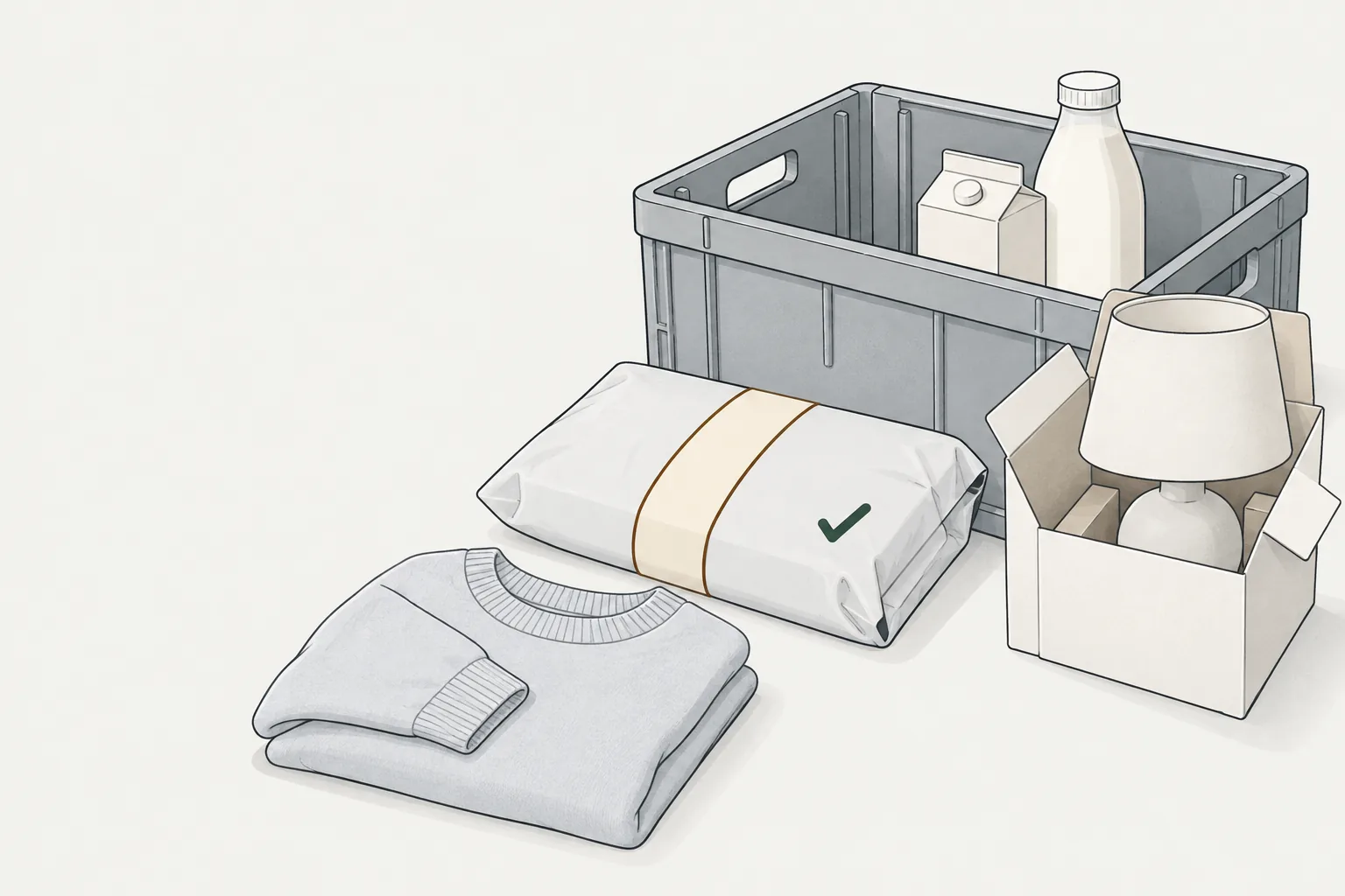 Illustration for the asda george return policy: a sealed parcel, grocery crate, folded jumper and boxed lamp.