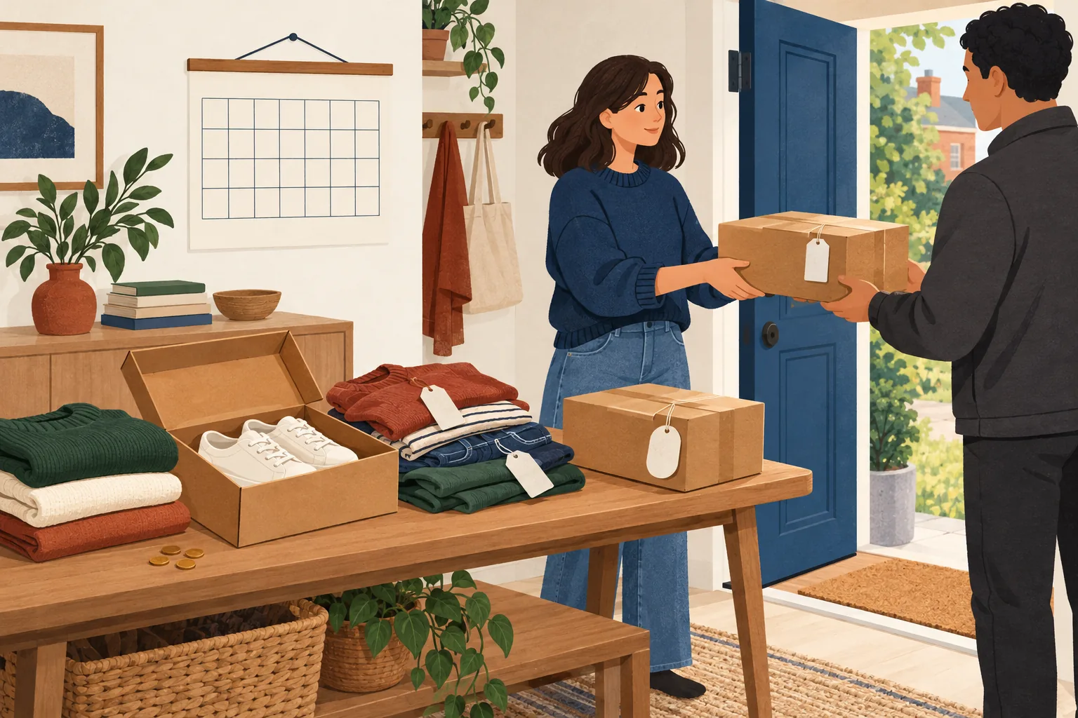 Editorial illustration for returns policy asos: a shopper hands a return parcel to a courier at the door, with folded clothes, boxed trainers and a second parcel on the table.