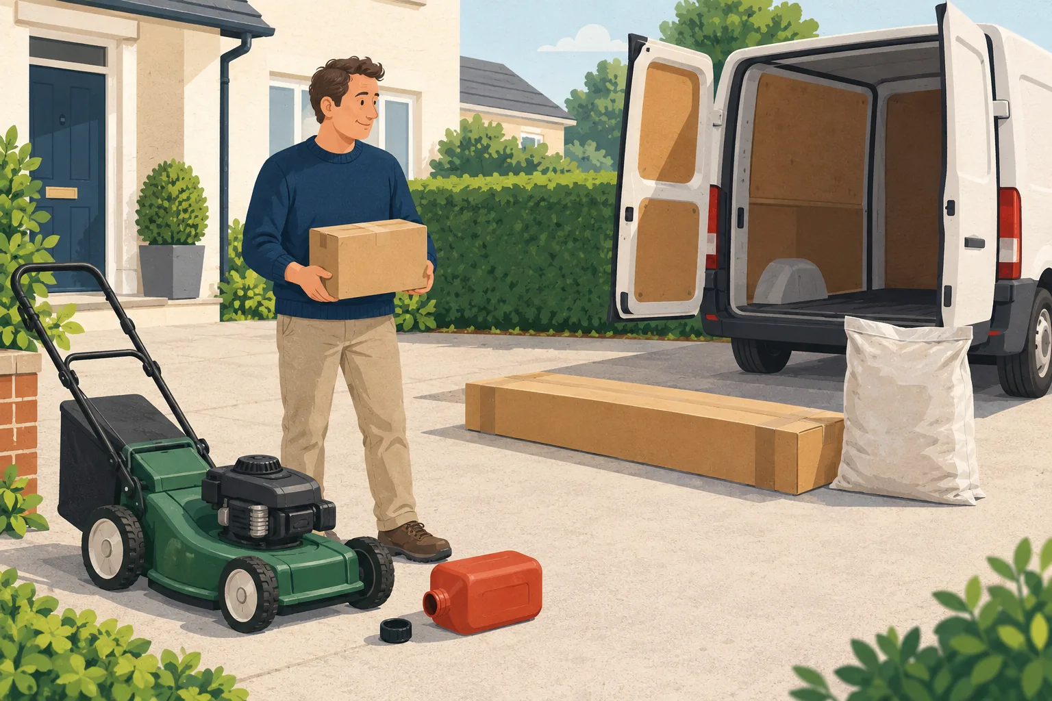 B&Q returns policy illustration: a homeowner holding a parcel on a driveway beside a long flat-pack box, a sack, an open van and a petrol lawnmower next to an uncapped fuel can