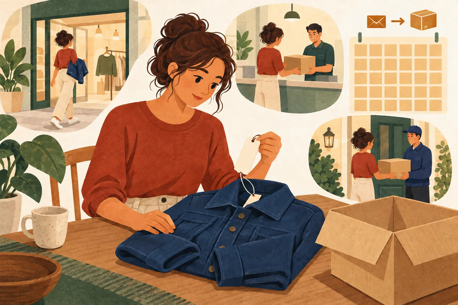 Bershka returns policy editorial illustration of a shopper checking a jacket tag beside store, drop-off and collection scenes