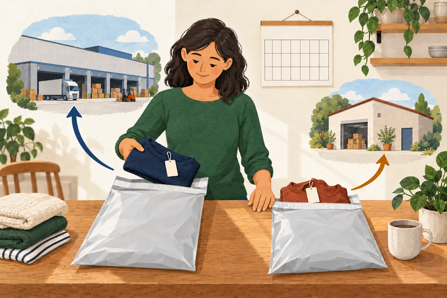Boohoo return policy editorial illustration of a shopper sorting clothing into separate mailing bags for different sellers