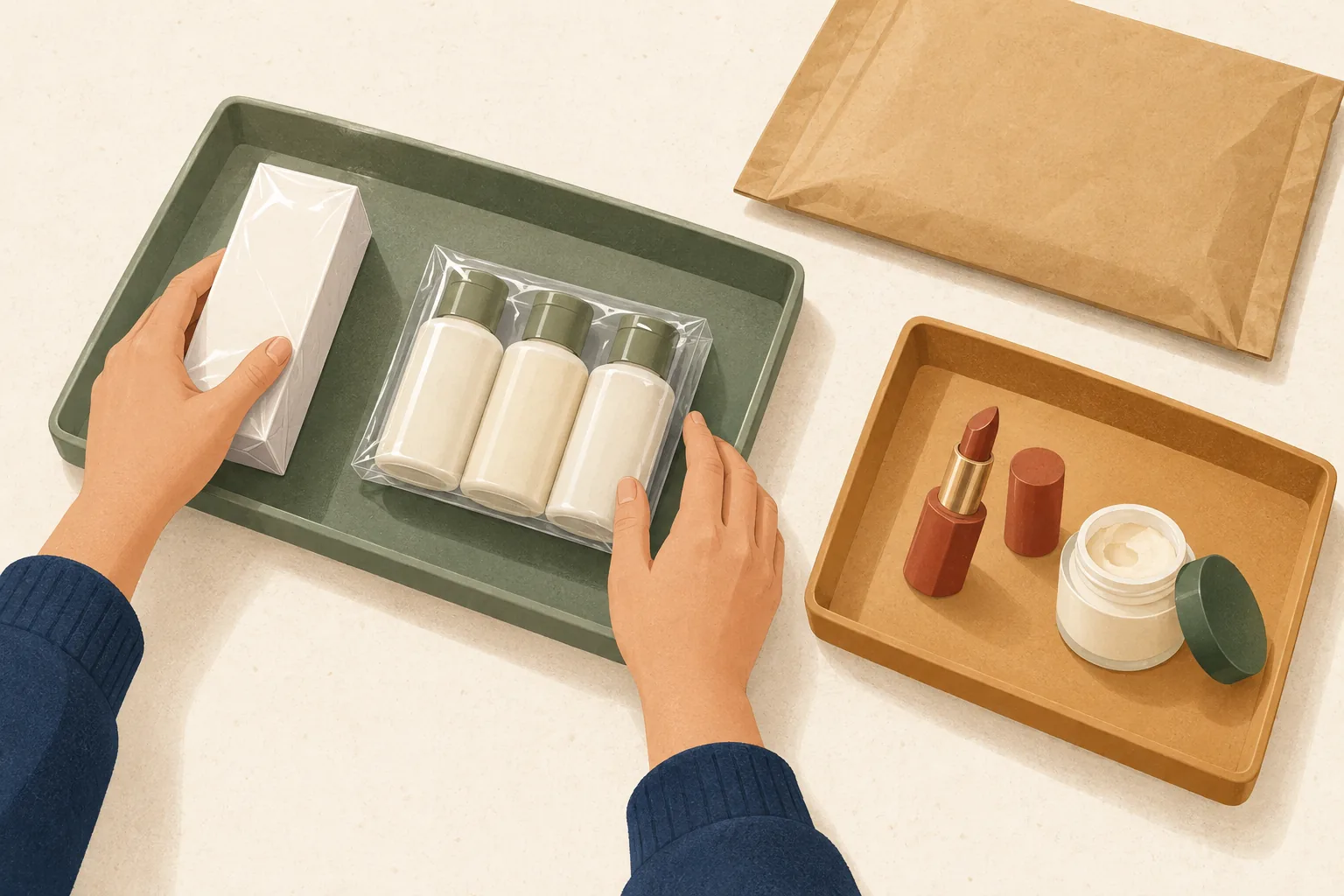 Boots return policy illustration of hands sorting a sealed box and shrink-wrapped multipack into one tray, with an opened lipstick and face cream in another, beside a padded mailer