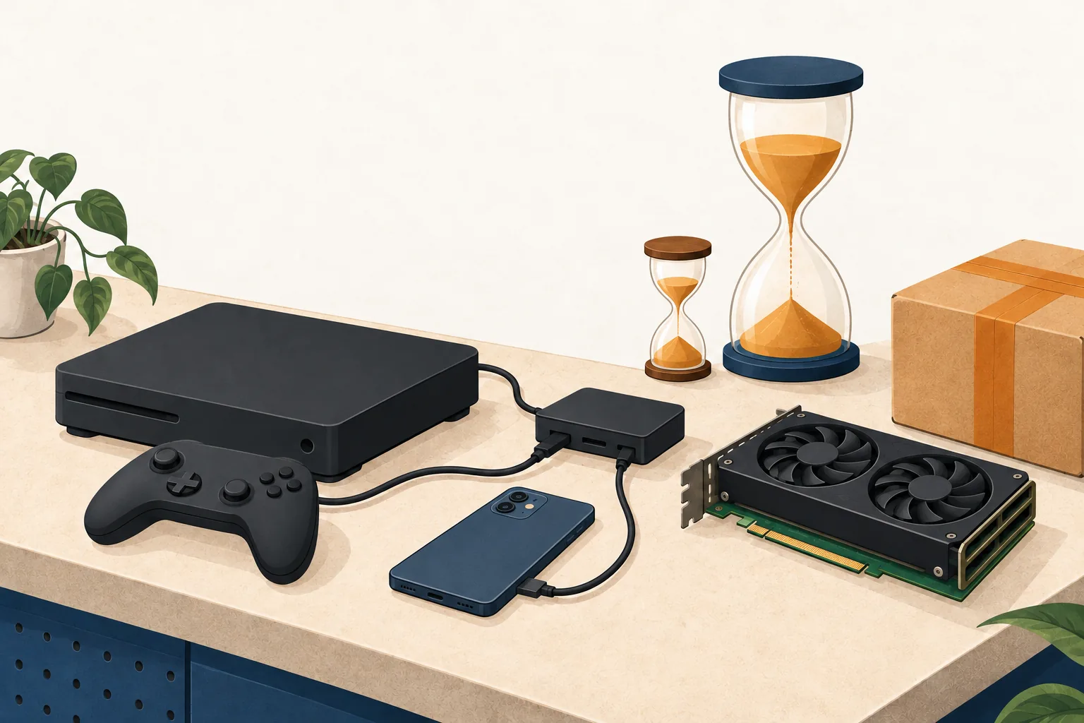 CeX return policy illustration of a games console, controller, smartphone and graphics card cabled to a small hub on a counter, beside a sealed parcel and two hourglasses