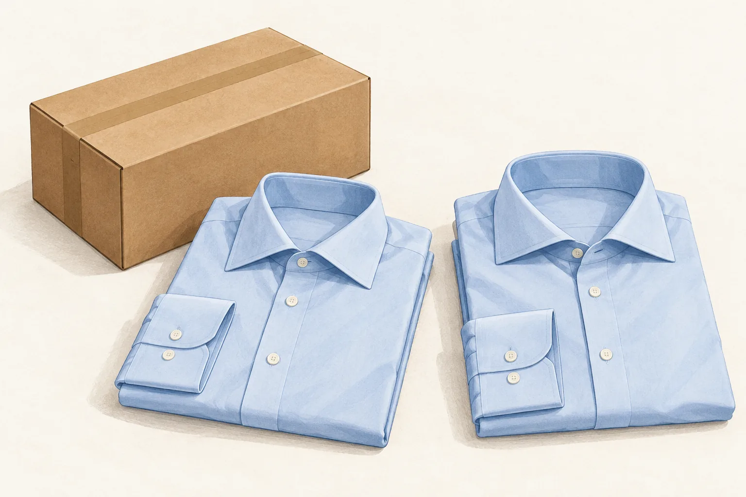 Illustration for the Charles Tyrwhitt returns policy: two folded pale blue dress shirts with slightly different collars beside a plain brown parcel.