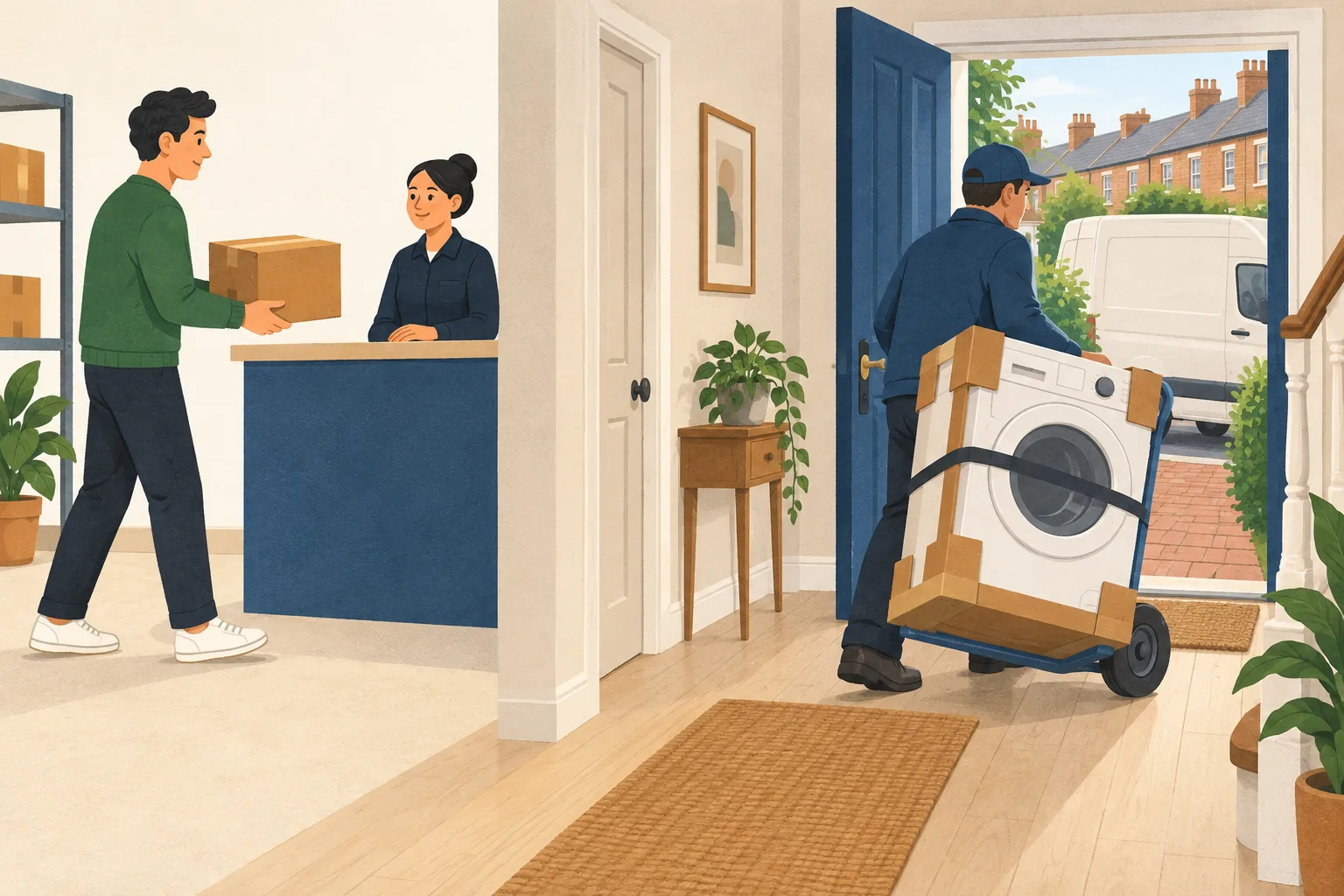 Currys return policy illustration: a shopper hands a small parcel over a returns counter while a courier wheels a washing machine on a sack truck to a van