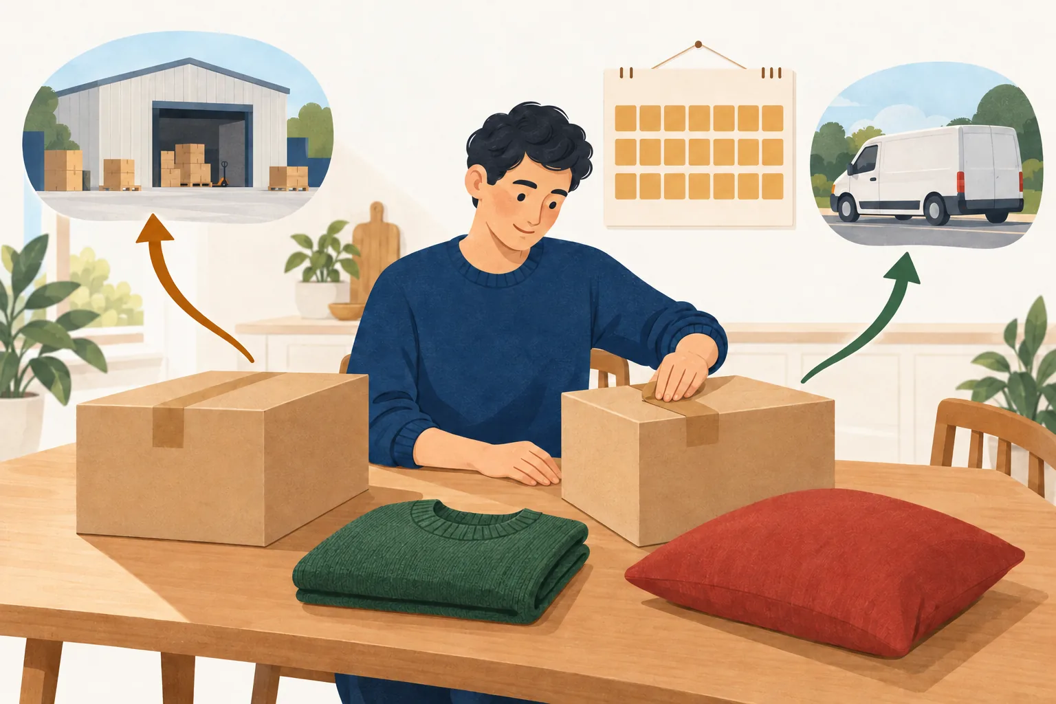 Debenhams return policy illustration: a shopper packs two parcels bound for a warehouse and a van, by a three-week calendar