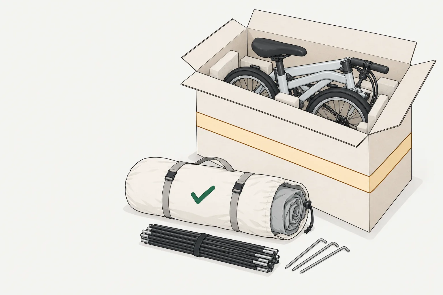 Illustration for the decathlon return policy: a boxed folding bike, packed tent, poles and pegs.