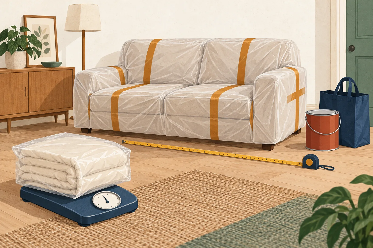 Dunelm returns policy editorial illustration with a sealed bedding parcel, scales, tape measure, wrapped sofa and unopened paint tin