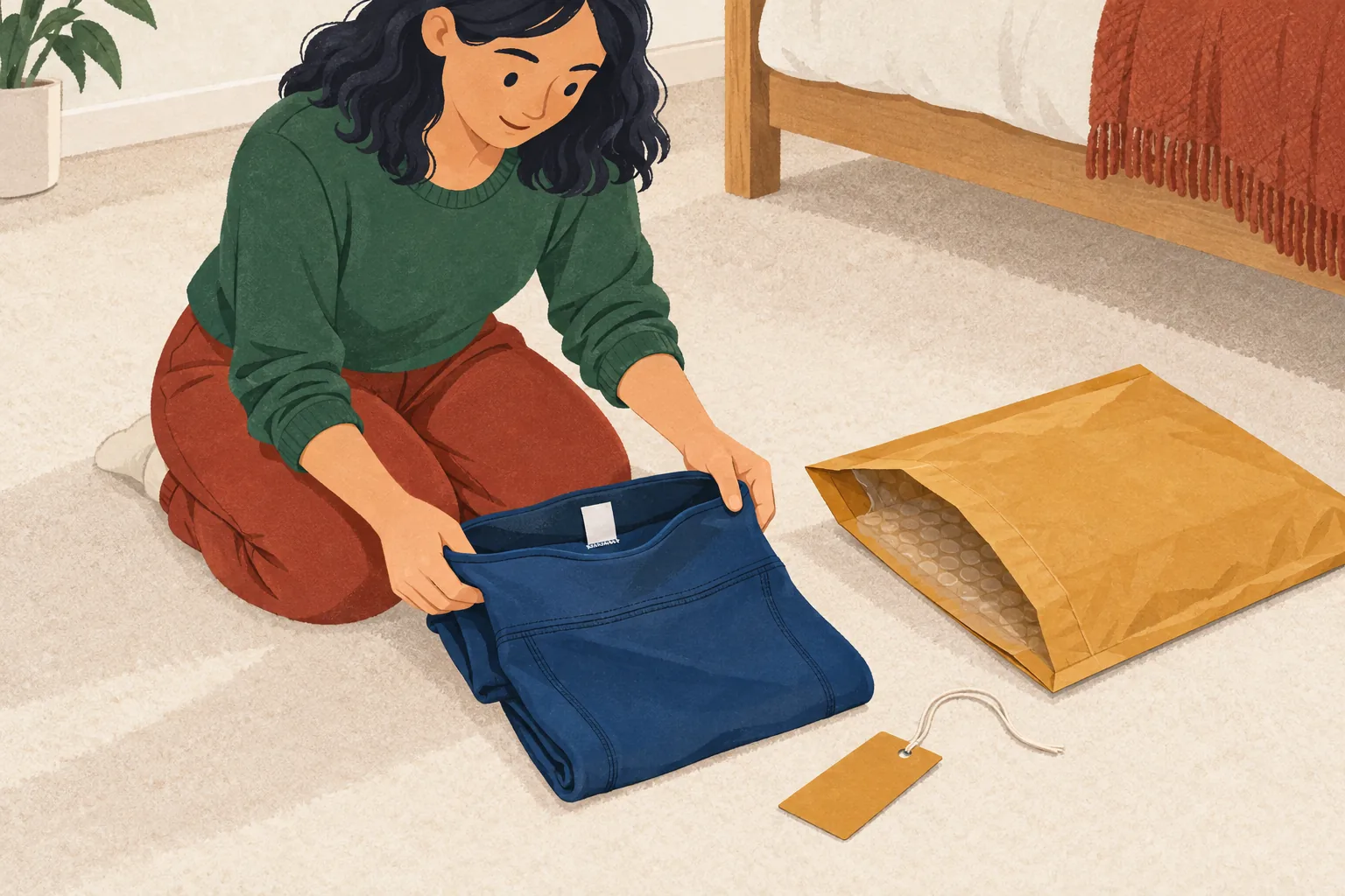 Gymshark returns policy illustration: a person kneeling on a bedroom floor folds navy leggings beside a padded mailer, with a detached swing tag and the care label still sewn in.