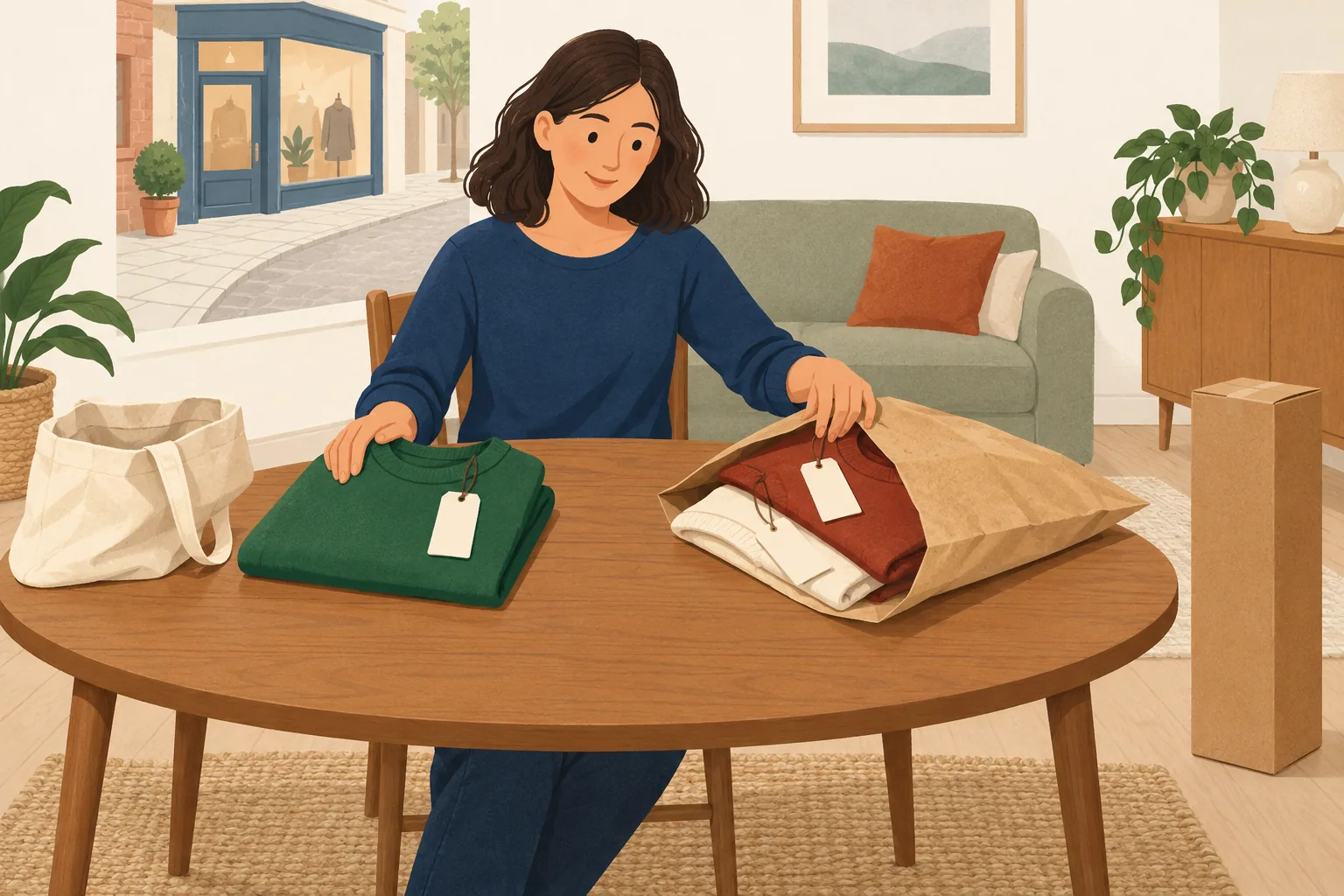 H&M return policy illustration: a shopper at a table sorts a folded jumper beside a tote bag, two garments into a paper mailer and a tall box set apart, with a small shop front behind.