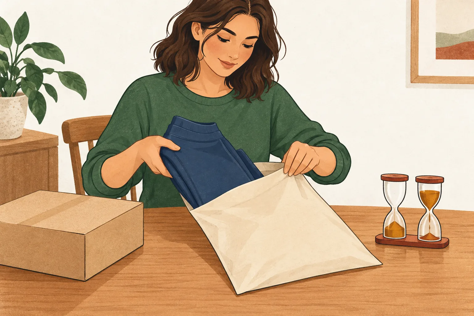 Halara returns policy editorial illustration of a shopper packing leggings in a plain replacement bag beside two linked hourglasses.