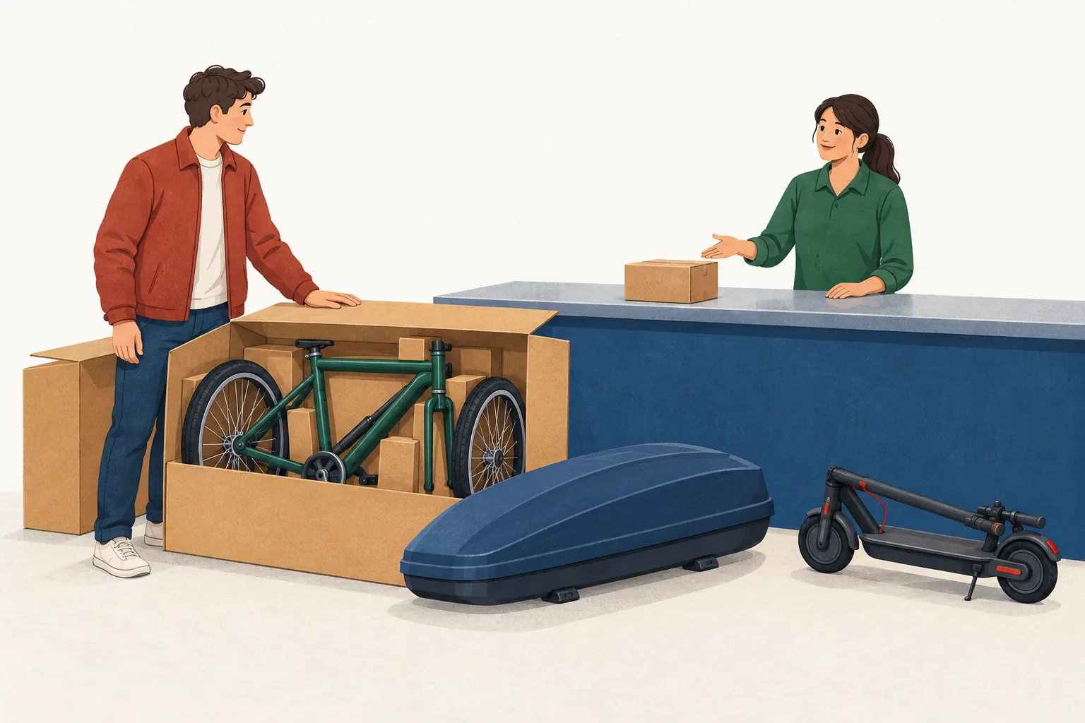 Halfords returns policy editorial illustration of a shopper returning a boxed bicycle, roof box, small parcel and folded e-scooter at an unbranded counter
