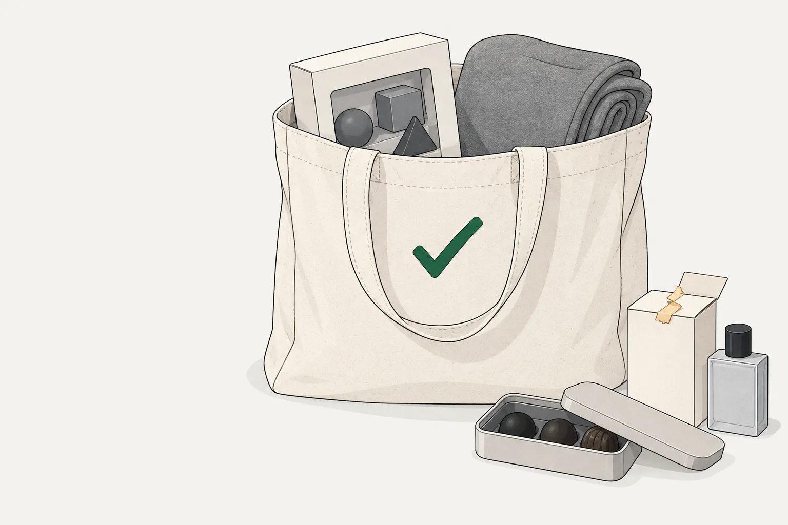 Illustration for home bargains return policy: toy and throw in a tote, with chocolates and opened perfume set apart.