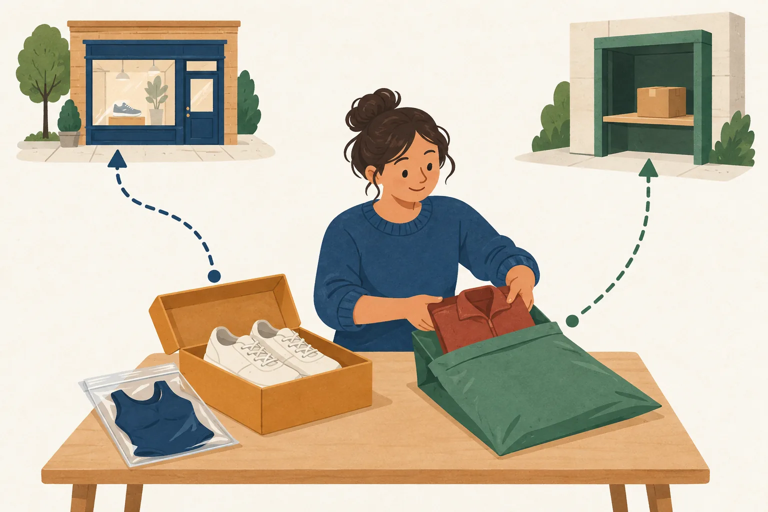 Illustration for the jd return policy: a shopper packs a jacket into a mailer for a parcel drop-off, beside a shoebox of trainers and a sealed swimsuit bound for a shop
