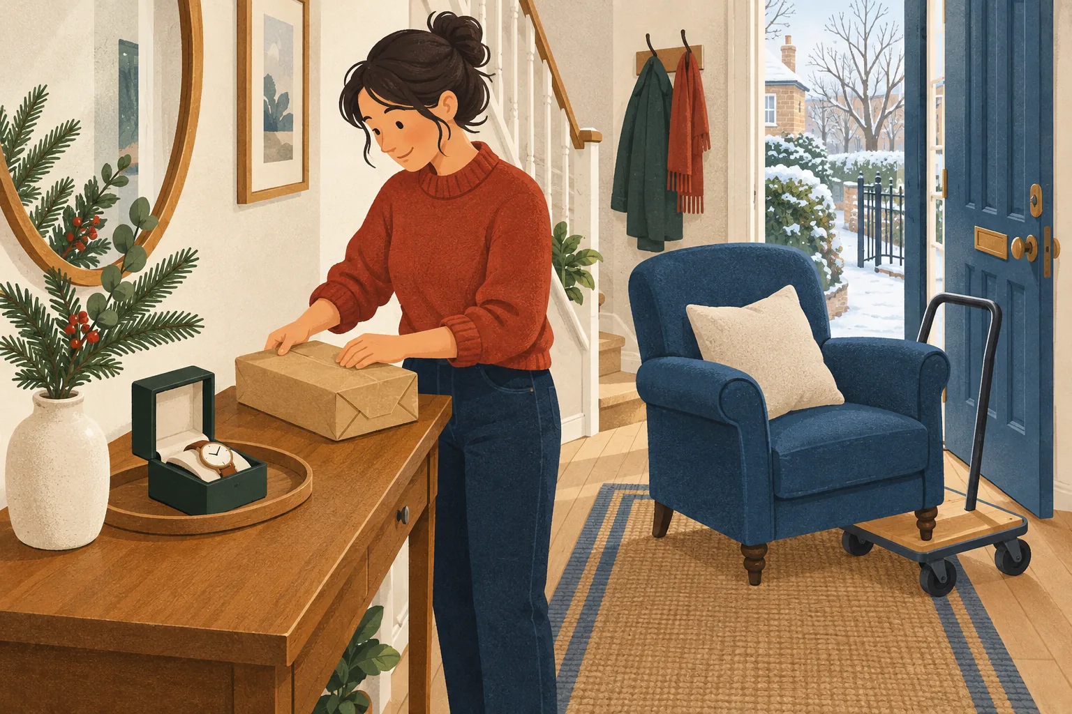 John Lewis return policy illustration: a shopper wraps a parcel at a hallway table beside an open watch box, with an armchair and trolley waiting by the front door
