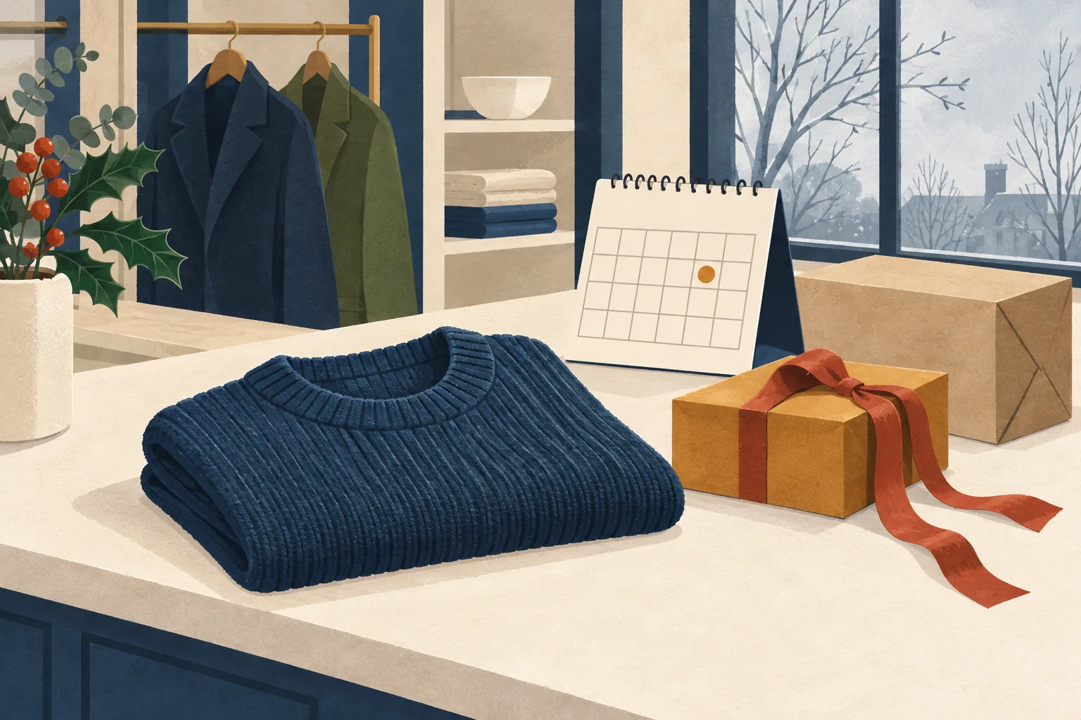 Illustration for the m&s returns policy guide showing a folded navy jumper, ribboned gift box, plain parcel and unnumbered calendar on a winter department-store counter.