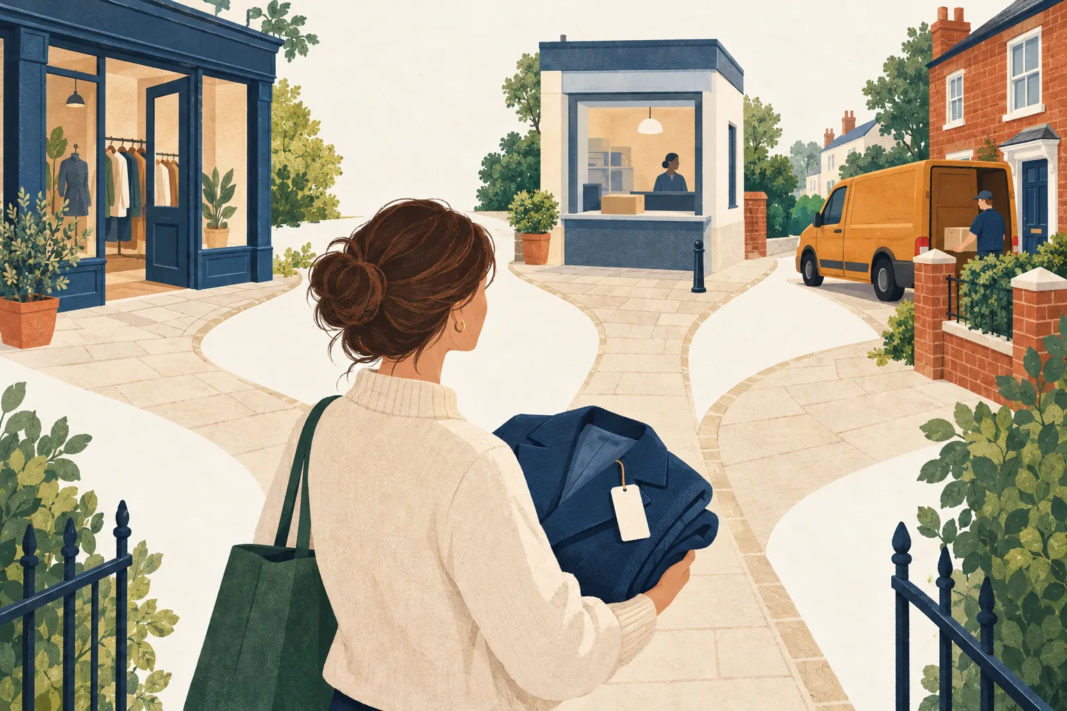 Mango return policy editorial illustration of a shopper with a tagged jacket choosing a shop, postal counter or courier route