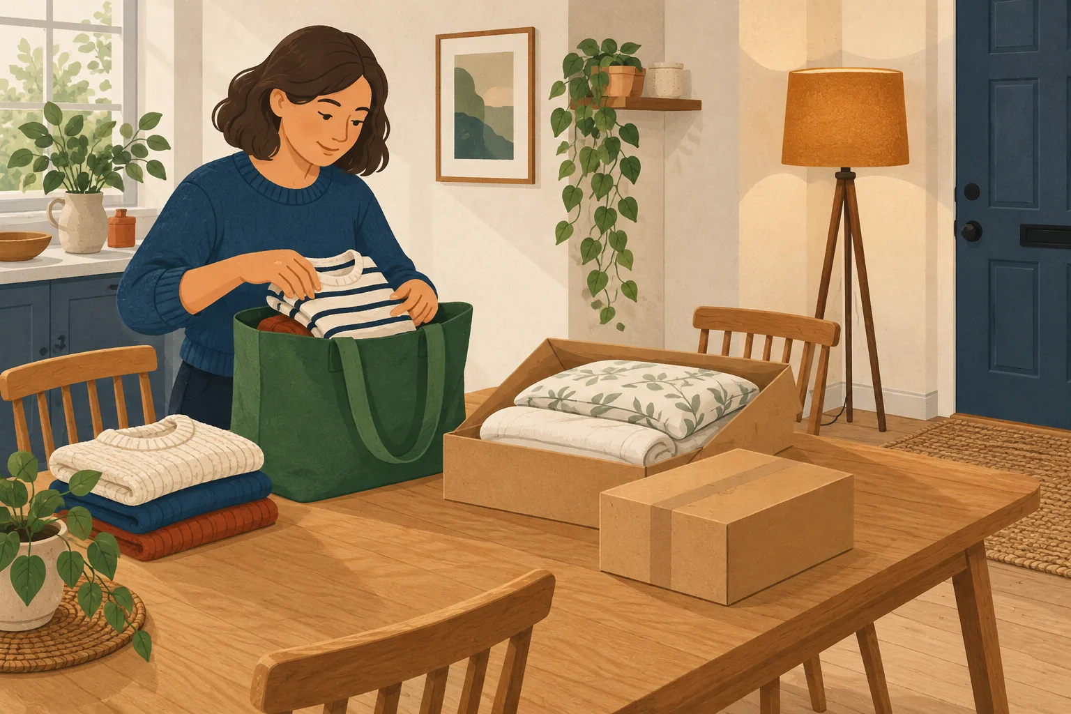 Matalan returns policy illustration: a shopper packs clothes into a green tote beside boxed bedding, a sealed parcel and a floor lamp by the front door