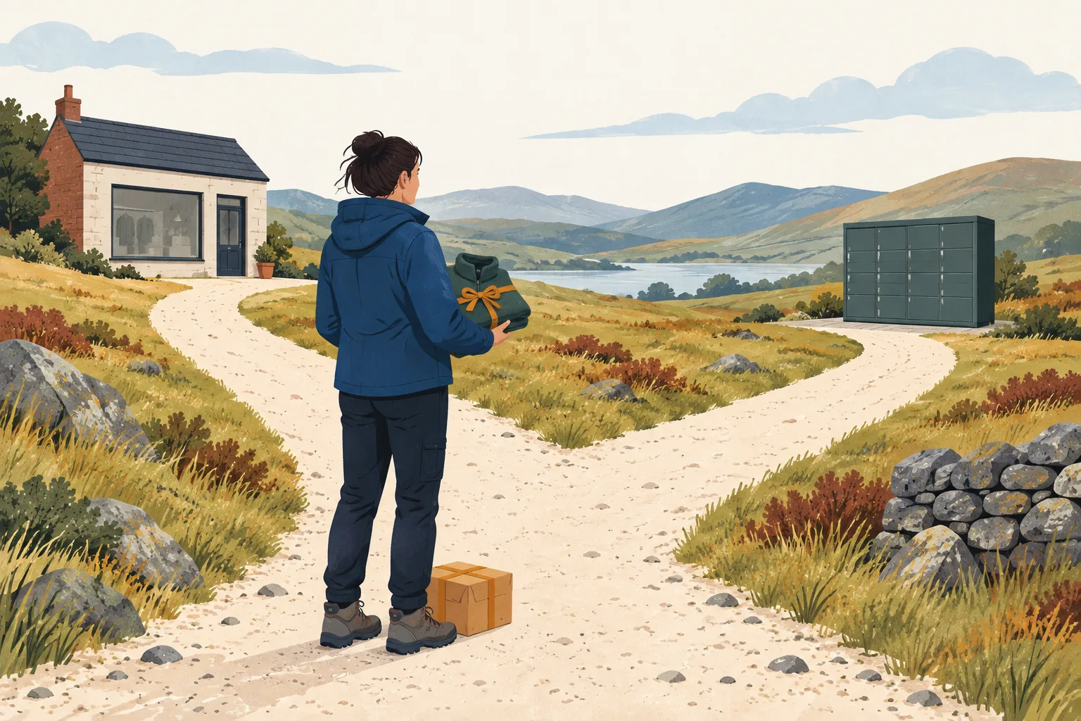 Mountain Warehouse return policy illustration of a walker holding a ribbon-tied fleece beside a parcel at a fork in a hillside path leading to a small shop and a parcel locker