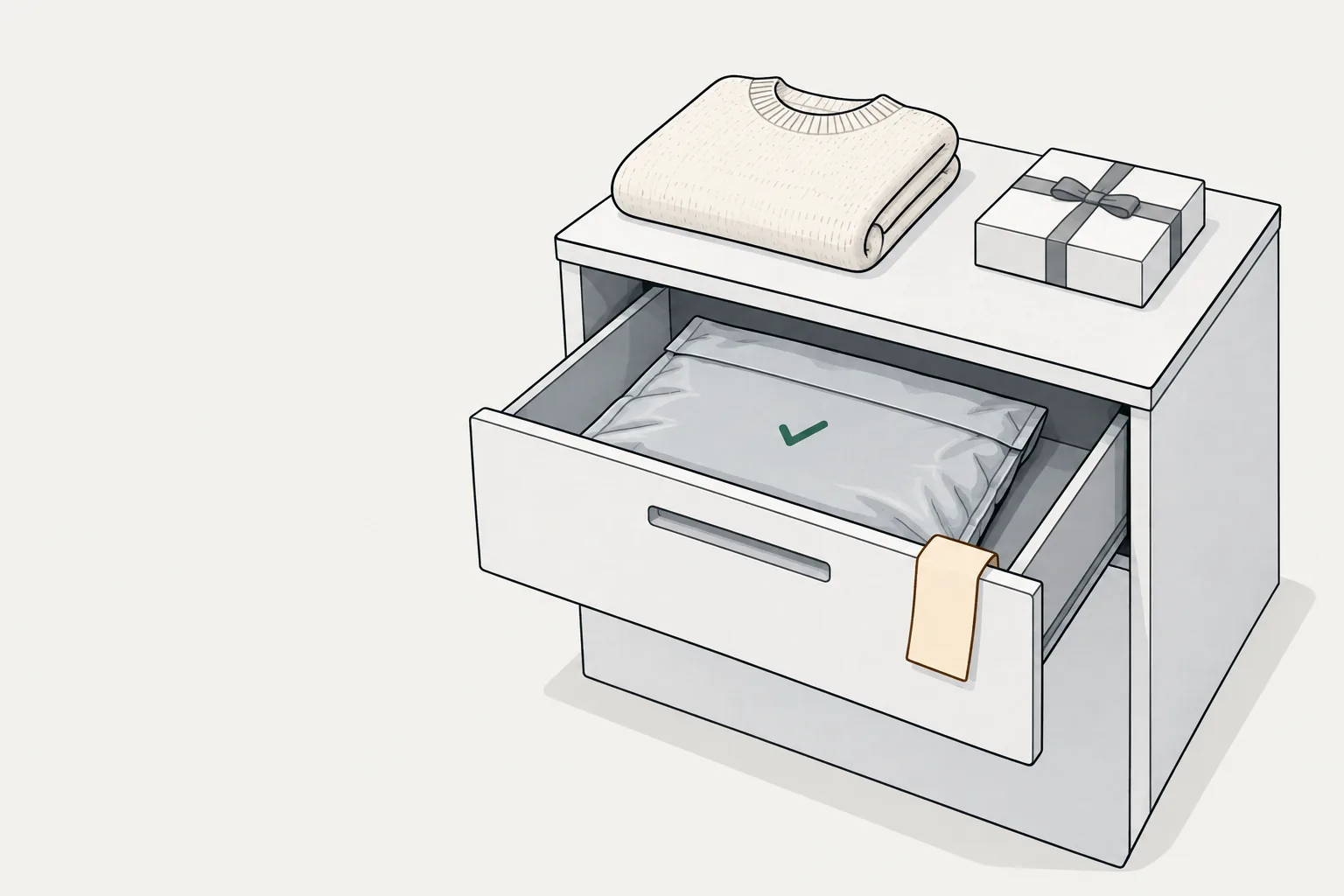 Illustration for the new look return policy: a sealed mailer in a returns drawer, folded knitwear and a gift box.