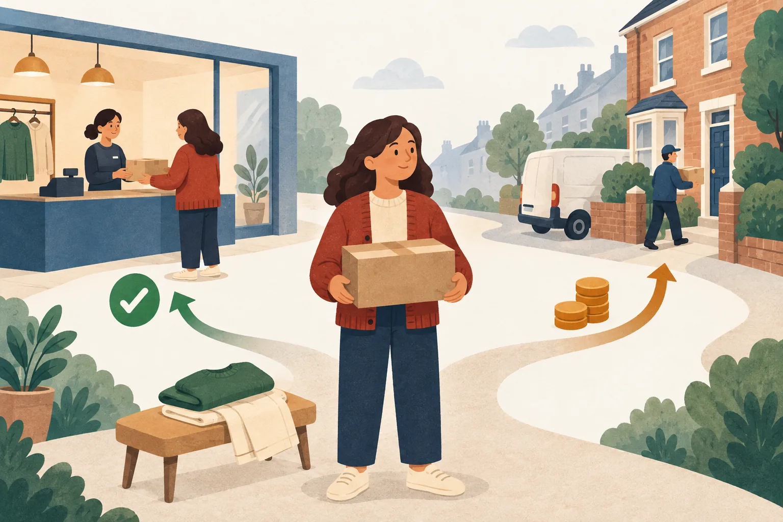 Next return policy illustration showing a shopper with a parcel, folded clothes, a shop counter and a doorstep courier, with a green tick and coins