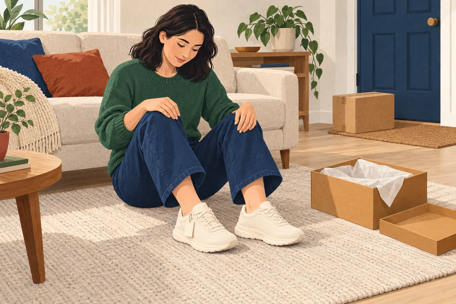 Nike return policy editorial illustration of a shopper trying on unbranded trainers indoors beside an open shoe box and packed parcel