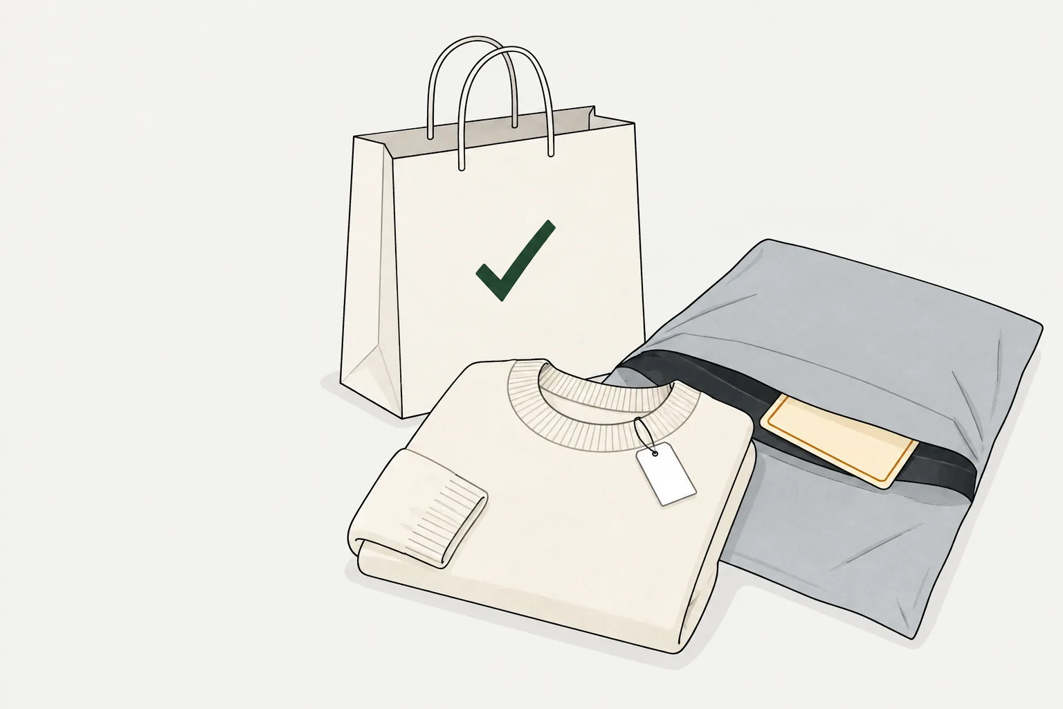 Illustration for the peacocks return policy: a tagged knit, carrier with green check and grey mailer with an amber slip.