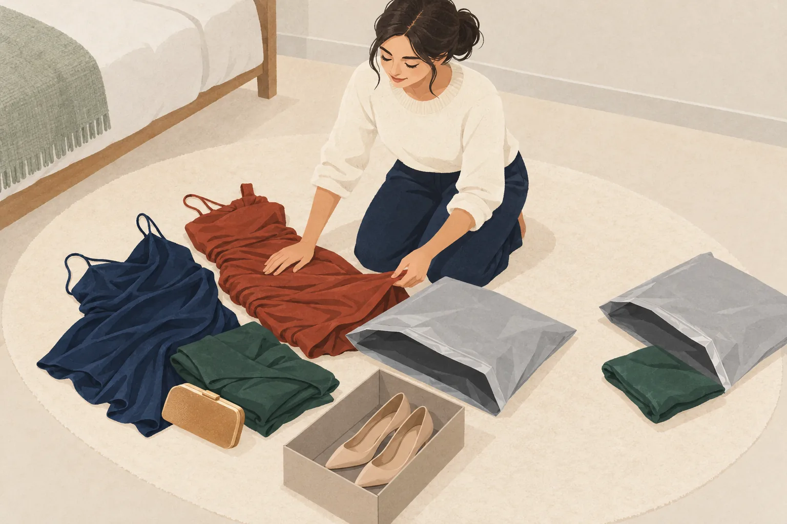 PLT returns policy illustration of a shopper on a bedroom rug sorting dresses, a clutch and boxed heels beside two plain grey mailing bags