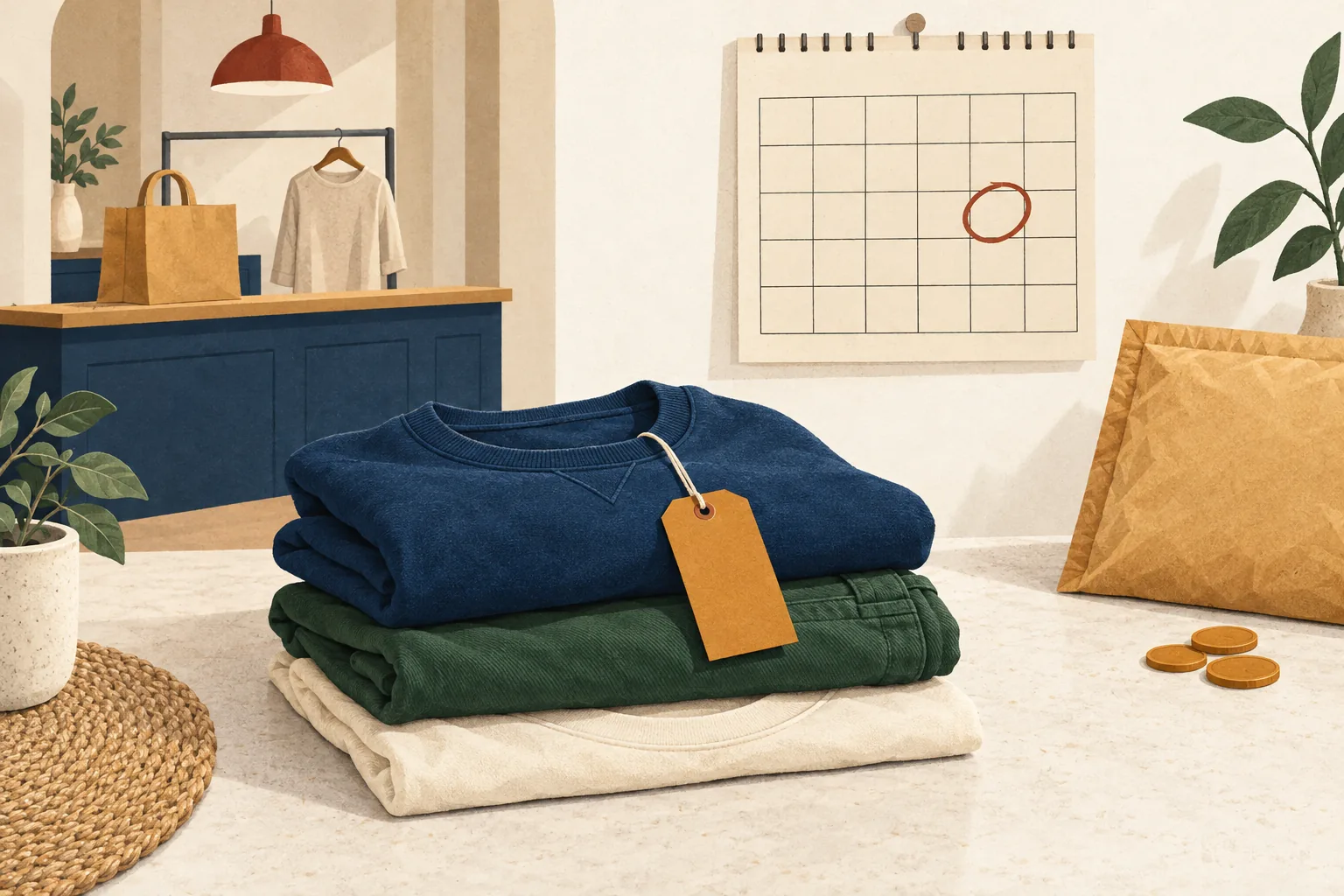 Primark return policy illustration of folded clothes with a blank swing tag, a shop counter, a padded postal parcel, coins and a calendar with one day circled