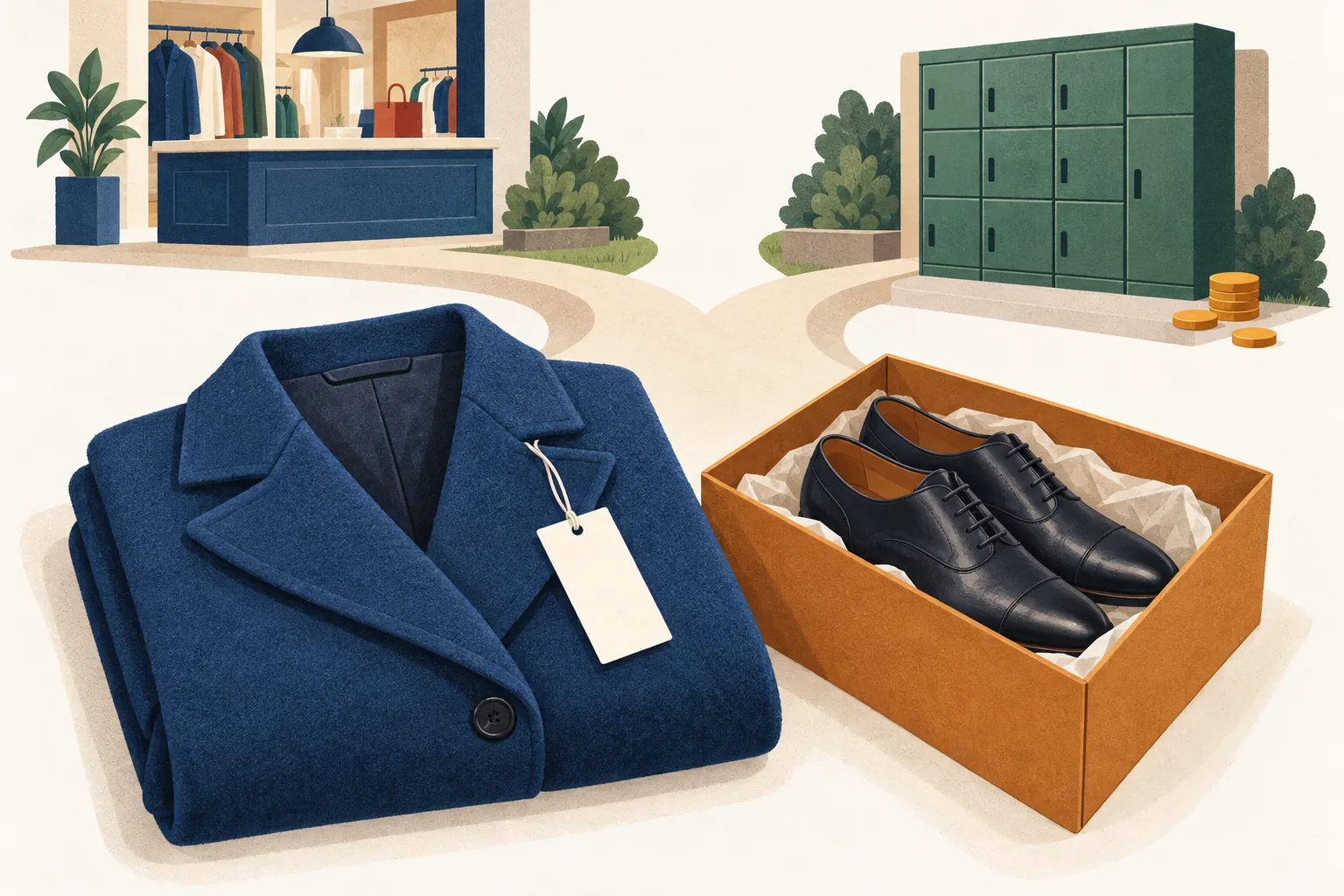 Reiss return policy editorial illustration of a tagged coat and boxed shoes between a shop counter and parcel lockers