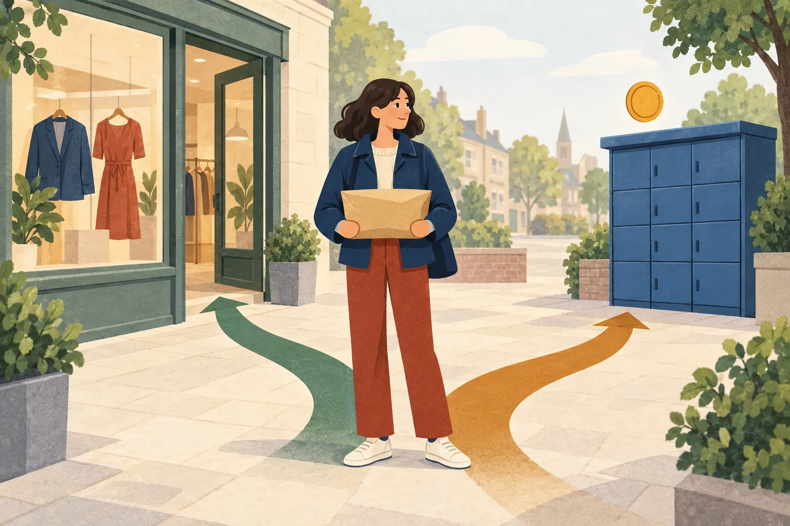 Return policy river island illustration: a shopper holding a parcel chooses between a path to an unbranded clothing shop and a path to parcel lockers.