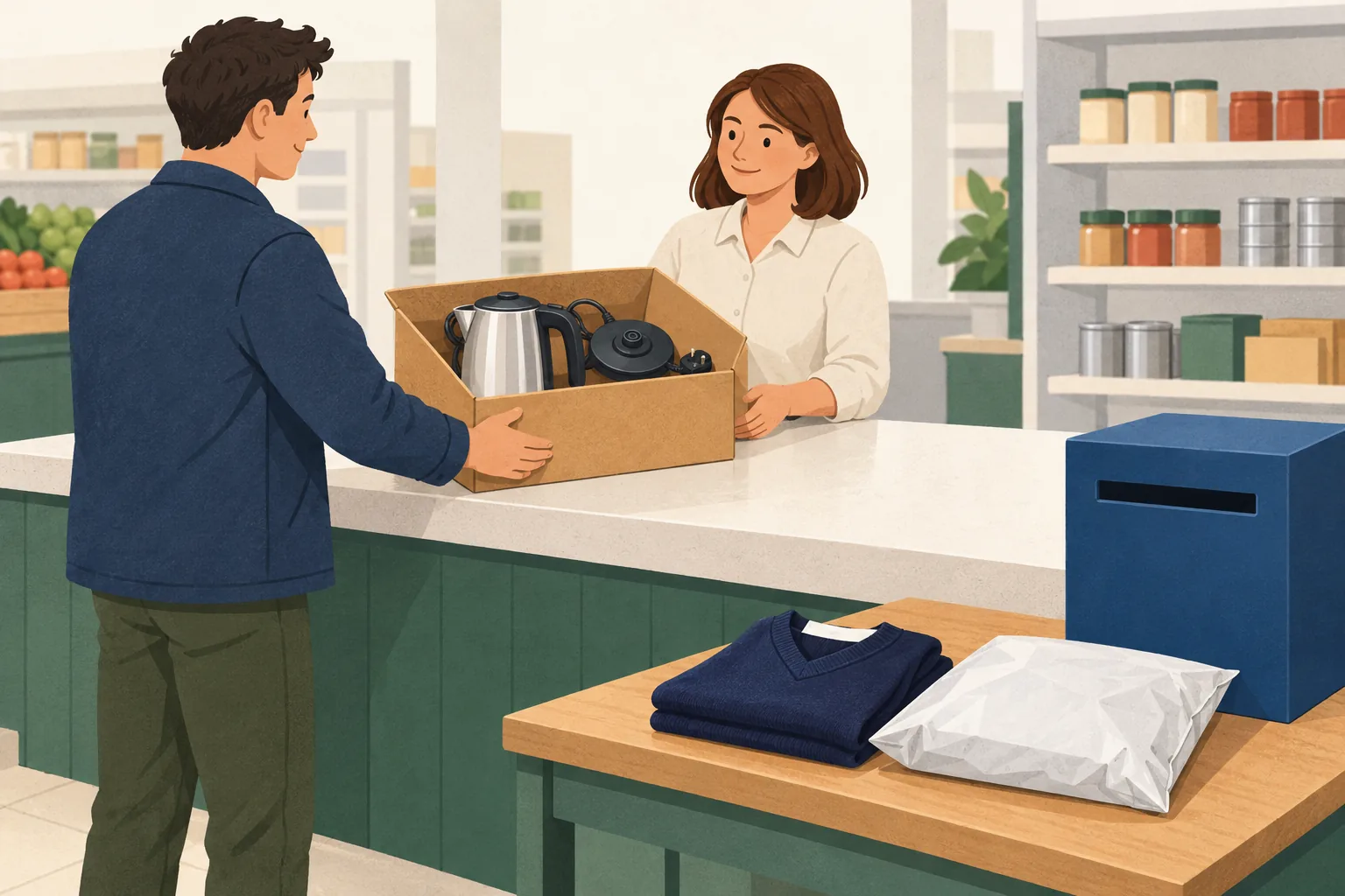 Sainsbury's return policy illustration of a shopper handing a boxed kettle across a returns counter, with a folded jumper and a clothing parcel on a side table
