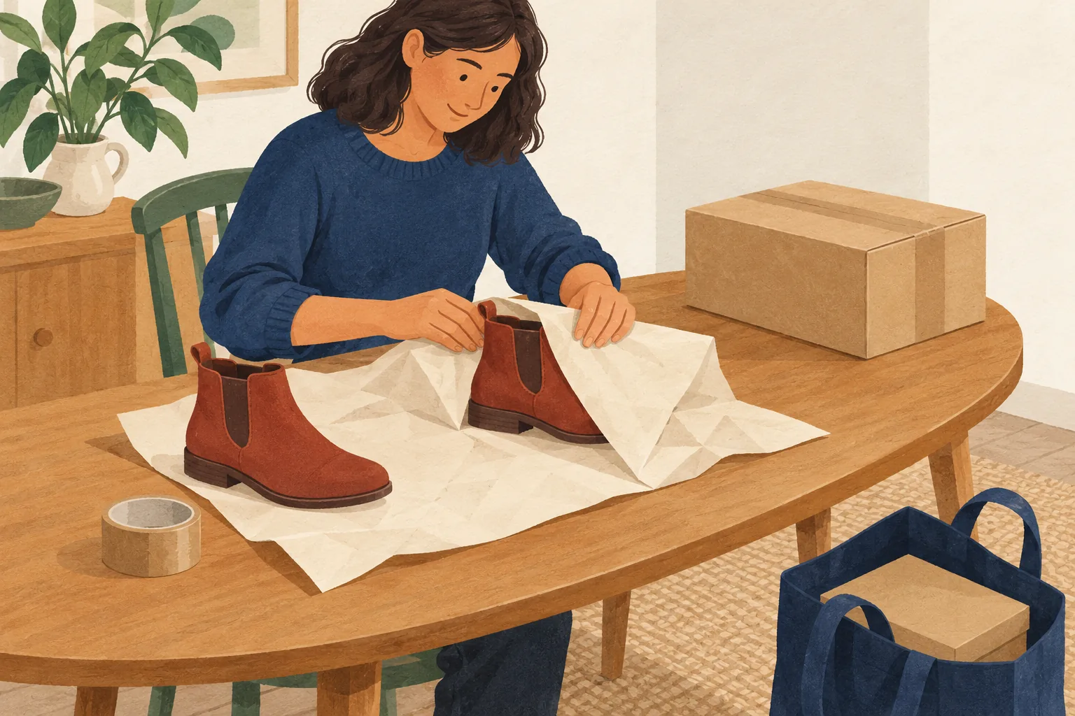 Schuh returns policy illustration of a shopper wrapping a pair of ankle boots in paper beside a taped parcel, with a shoebox in a tote bag on the floor