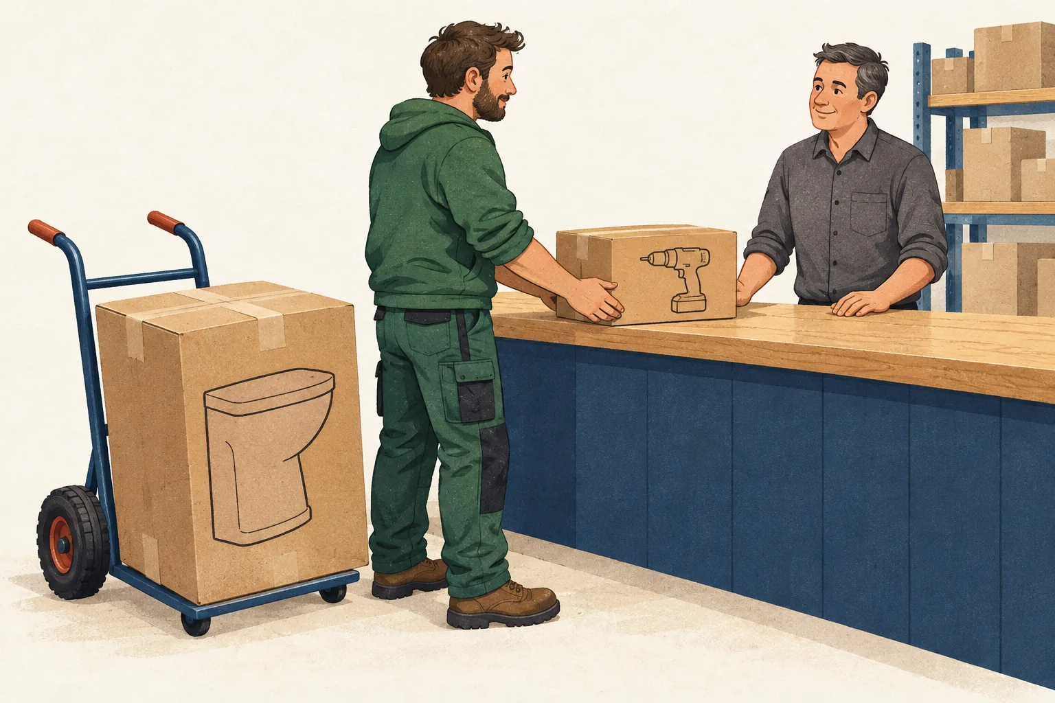 A tradesperson hands a sealed boxed drill to an assistant at an unbranded trade counter, with an unopened toilet carton on a sack truck beside them, illustrating the return policy Screwfix applies to opened hygiene goods