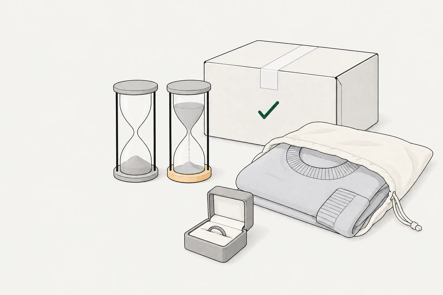 Illustration for the selfridges returns policy: two hourglasses, a parcel, a garment in a dust bag and a jewellery box.