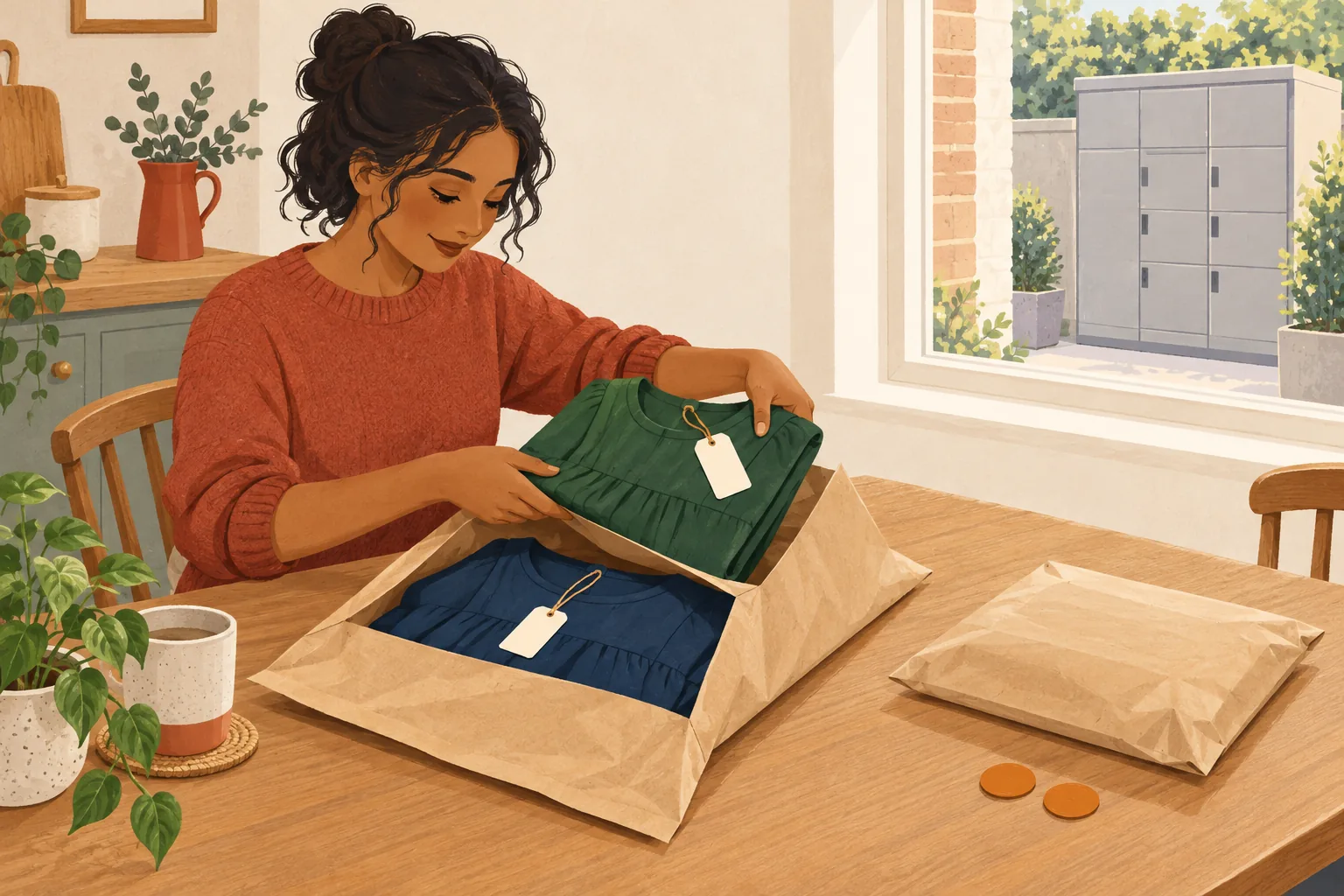 Shein return policy illustration: a shopper packs two tagged dresses into one paper mailer beside a second sealed parcel, with parcel lockers outside the window.