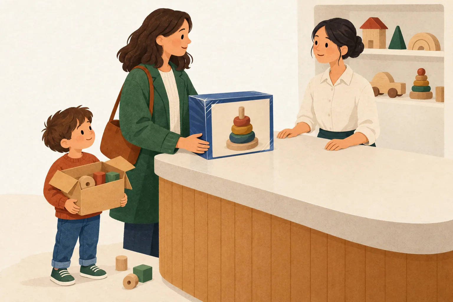 Smyths Toys return policy illustration of a parent handing a shrink-wrapped toy box to a shop assistant at a counter while a child beside them holds an opened box of wooden toys
