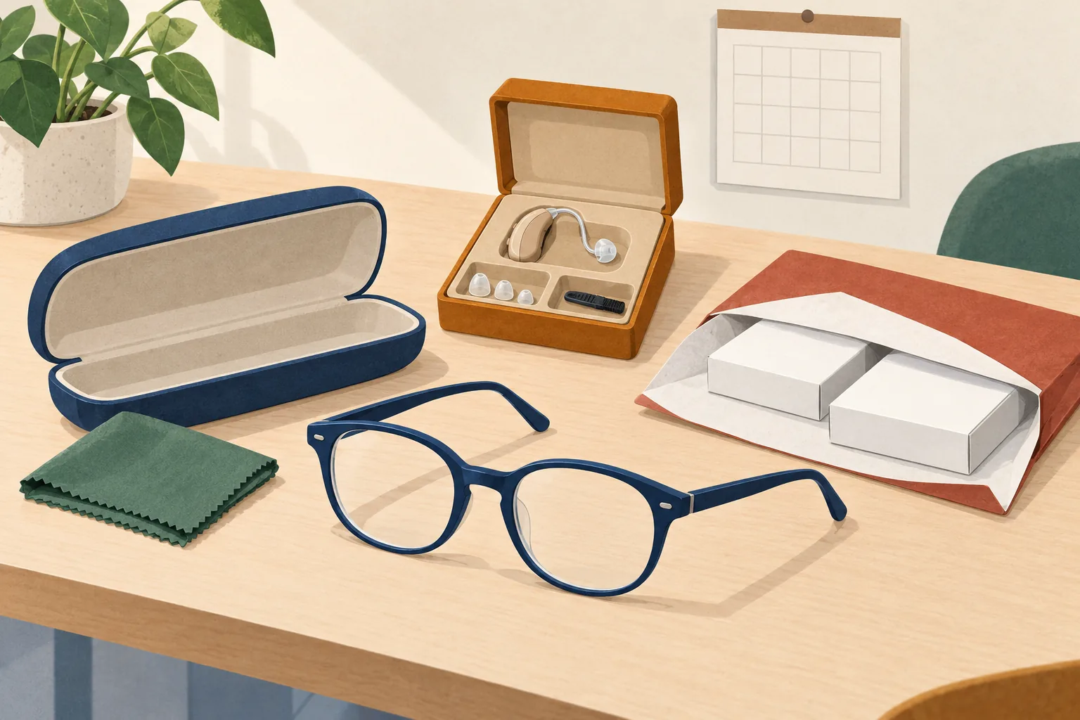 Specsavers returns policy illustration of glasses with an open case and cleaning cloth, a boxed hearing aid and two plain boxes in a postal mailer