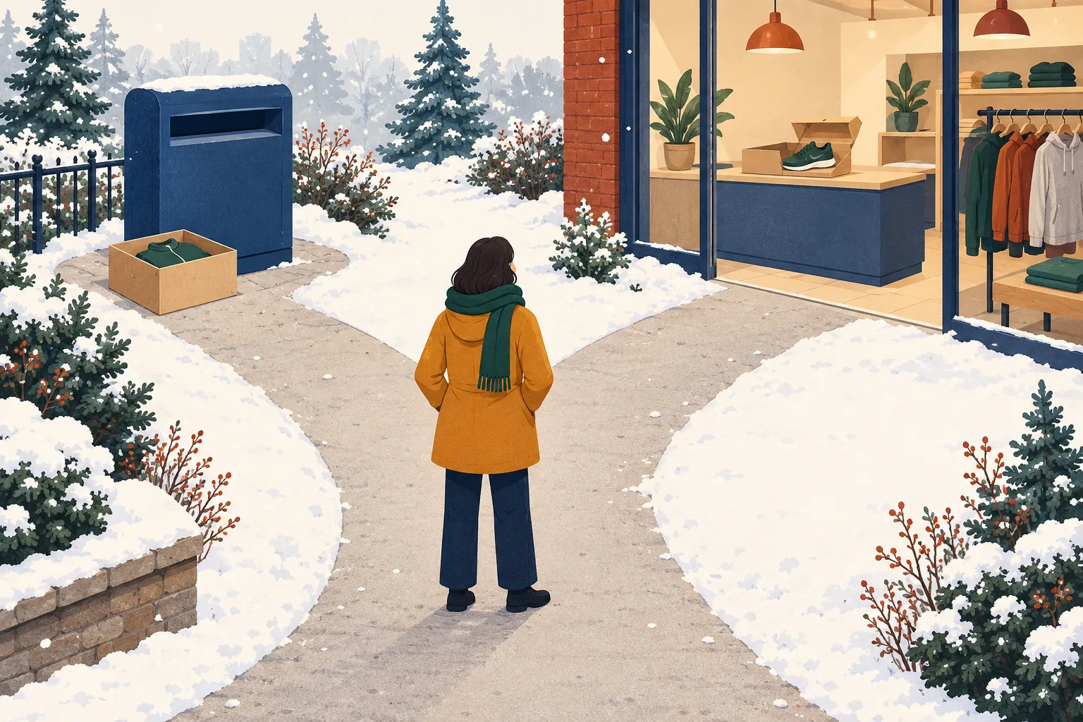 Sports Direct return policy illustration: a shopper in the snow at a fork between a parcel drop box with a boxed jacket and a sports-shop counter with trainers.