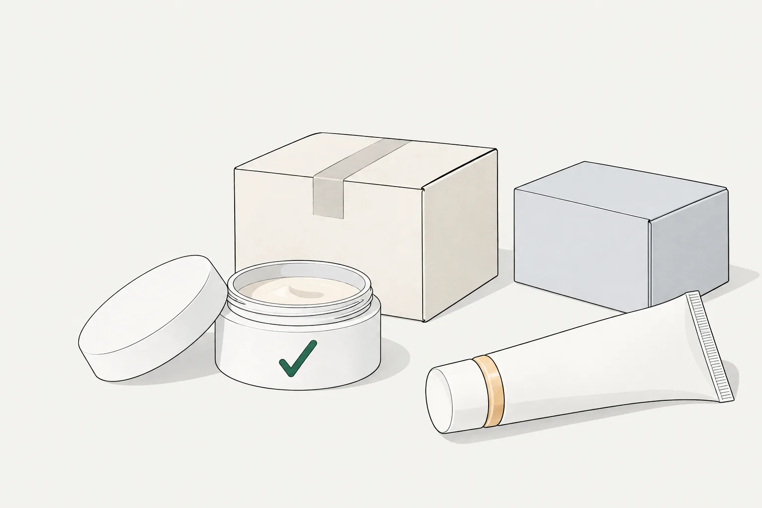 Illustration for the superdrug return policy: an open skincare jar, separate parcels and a tube with an amber seal.