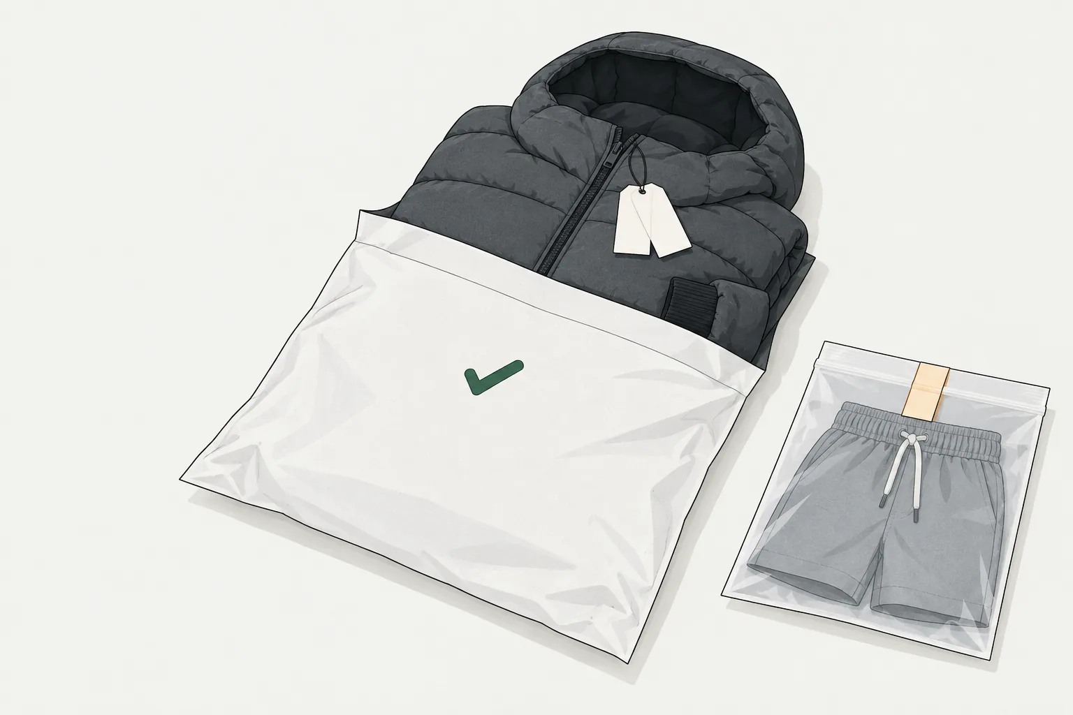 Illustration for the superdry return policy: a tagged jacket in a postal bag beside sealed swimwear.