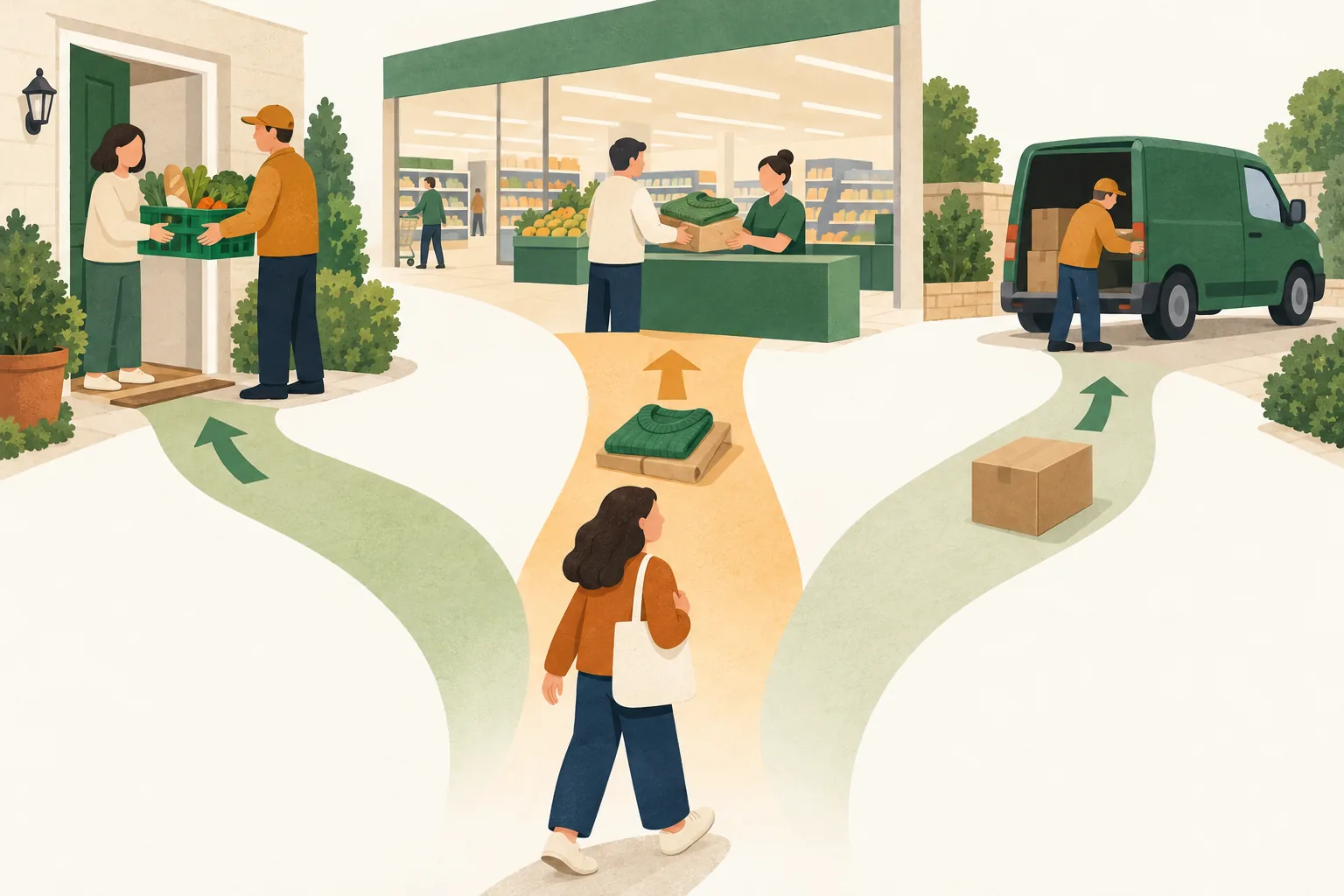 Tesco return policy illustration of a shopper choosing between three return routes: groceries handed back at a front door, a jumper returned at a store counter and a parcel loaded into a delivery van