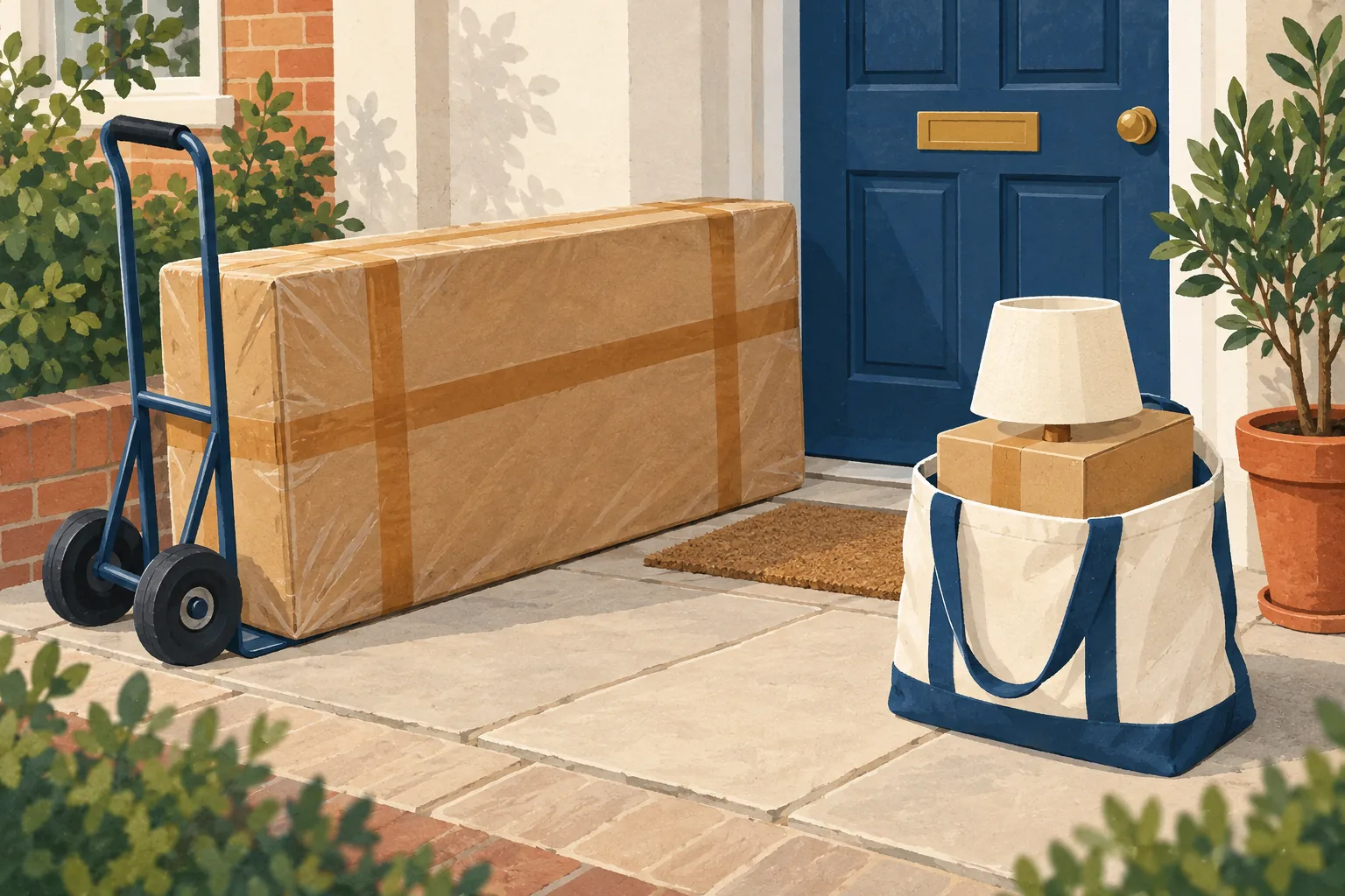 The Range return policy illustration of a large wrapped parcel beside a sack truck at a front door, with a table lamp on a small box in a canvas tote bag