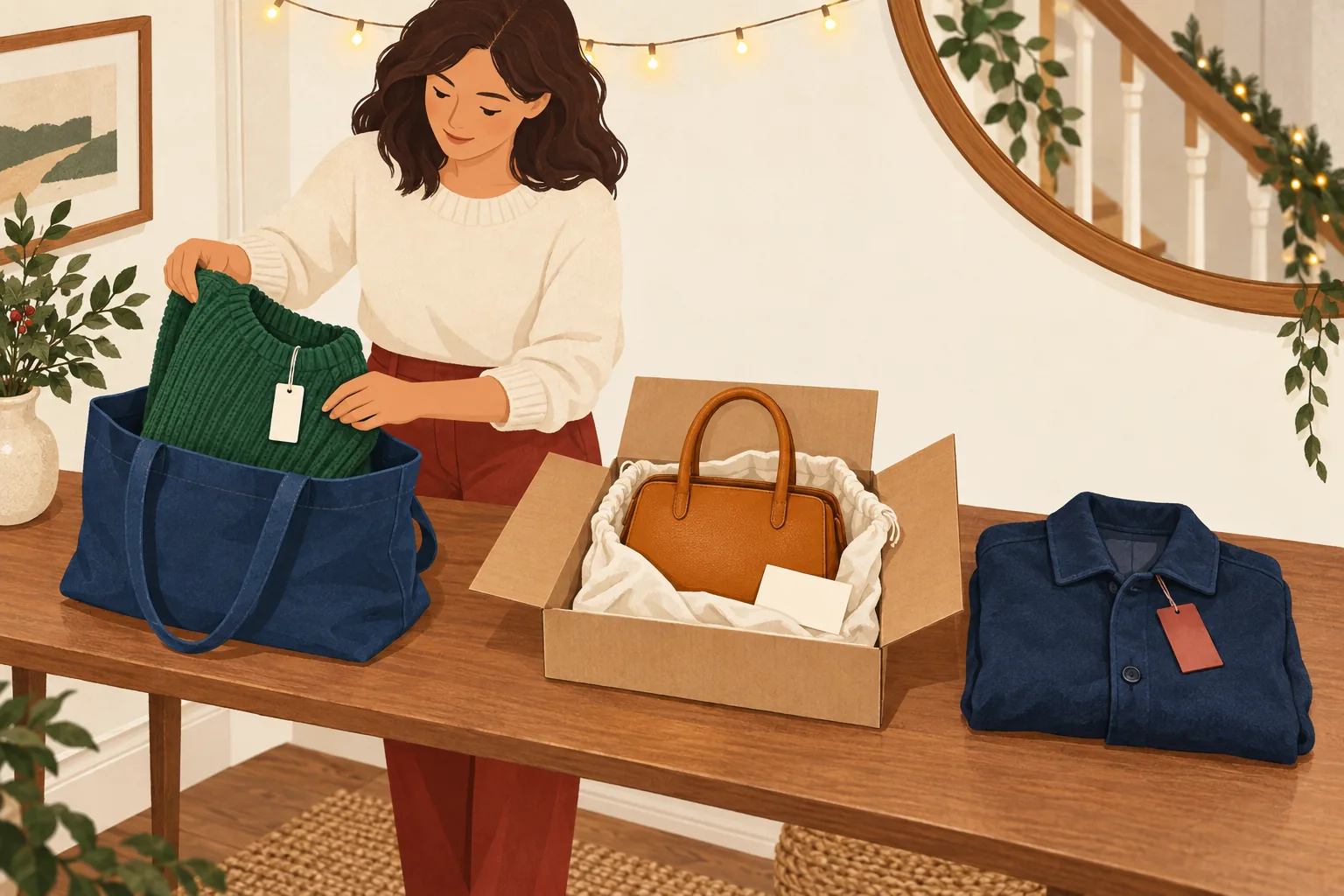 TK Maxx return policy editorial illustration of a shopper sorting a jumper, handbag and tagged jacket for different return routes