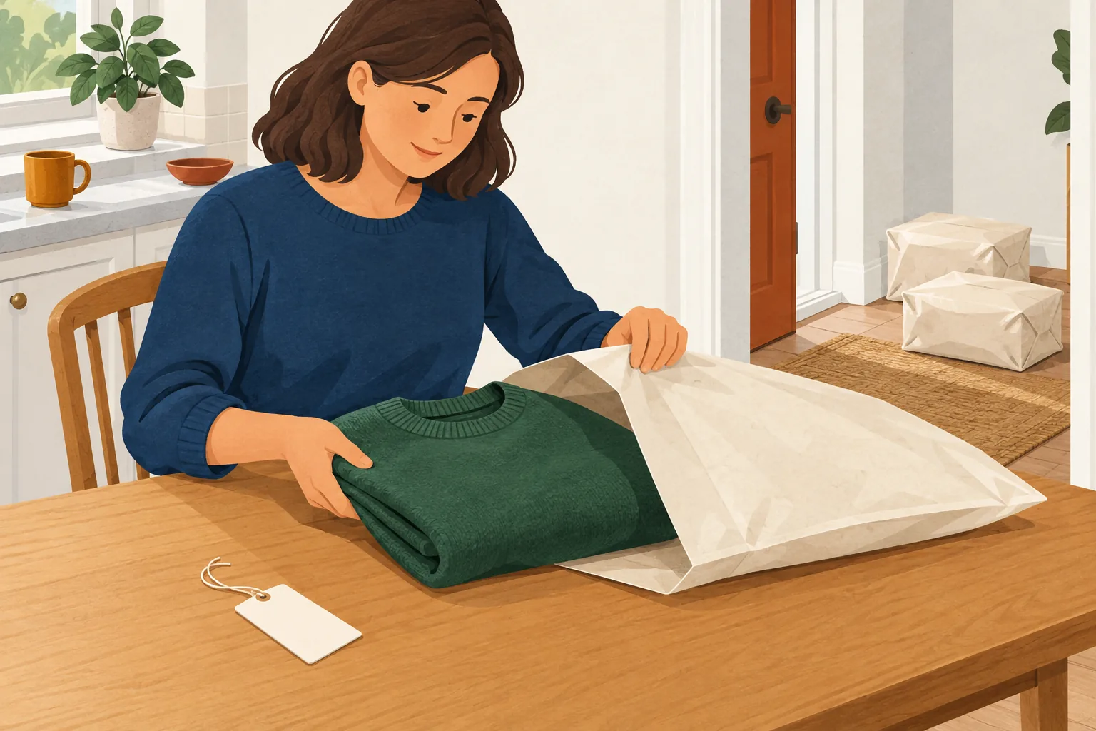 Illustration for the uniqlo return policy guide showing a person packing a green jumper, with a detached tag and two separate parcels nearby.