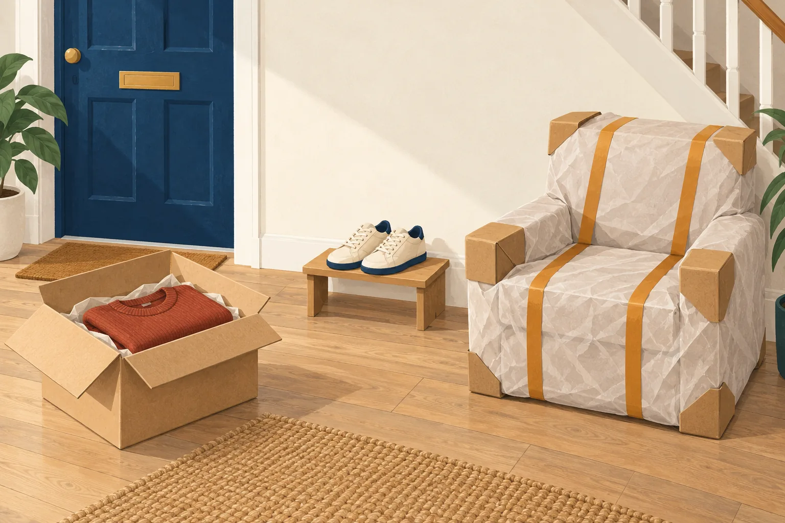 Urban Outfitters return policy UK illustration: a hallway with an open parcel holding a red jumper, trainers on a low wooden bench and an armchair wrapped for collection